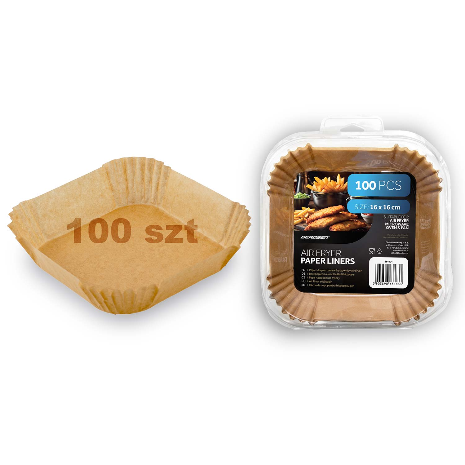 Opakowanie 100 brązowych papierów do frytkownicy beztłuszczowej. Na pudełku smażone jedzenie. Rozmiar 16x16 cm. Marka Berdsen.