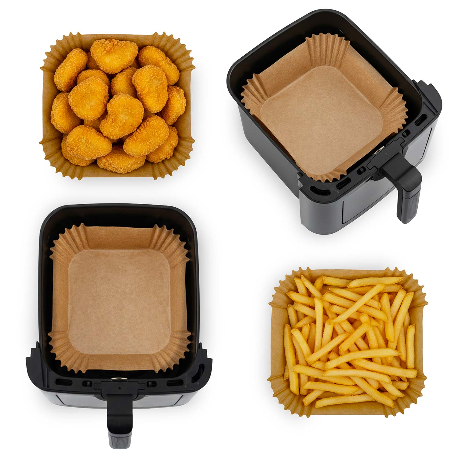 Cztery obrazy: nuggetsy, frytownica powietrzna z papierem, frytownica powietrzna z papierem i frytki. Wszystko w kwadratowych papierowych pojemnikach na białym tle.