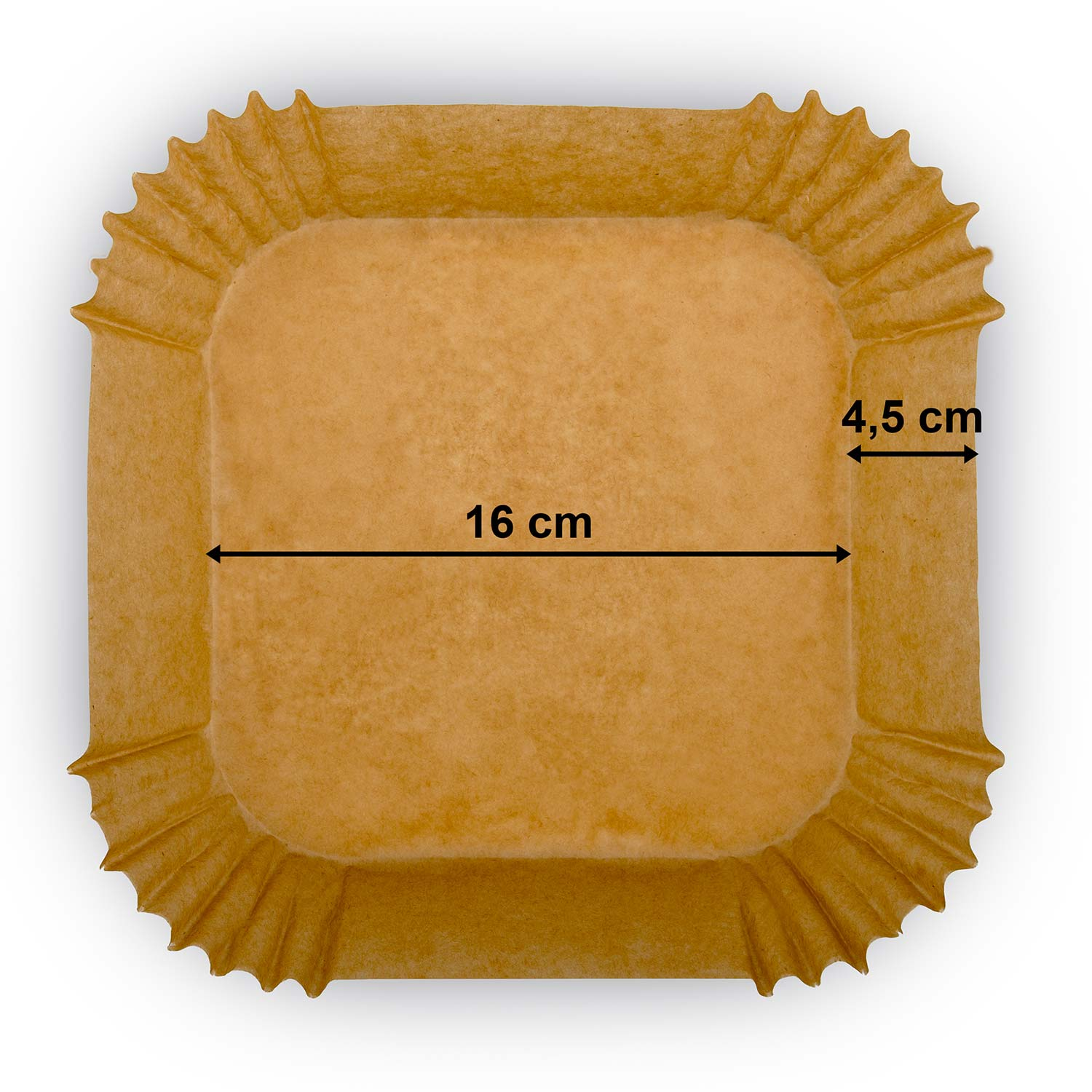 Kwadratowa, brązowa papierowa forma do pieczenia. Ma karbowaną krawędź i wymiary: 16 cm długości, 4,5 cm szerokości.