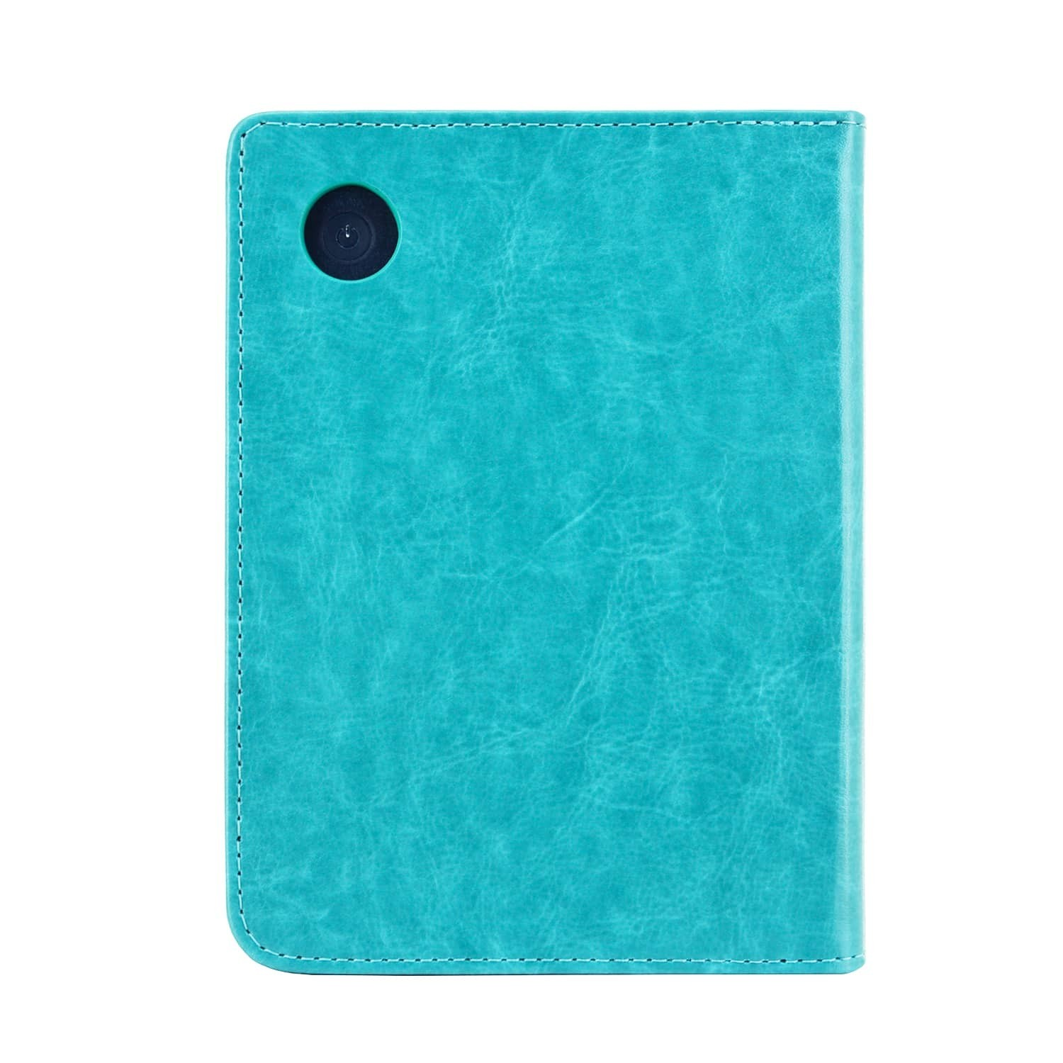 Een turquoise leren hoesje met een cirkelvormige camera-uitsparing. Witte stiksels omlijnen de hoes.