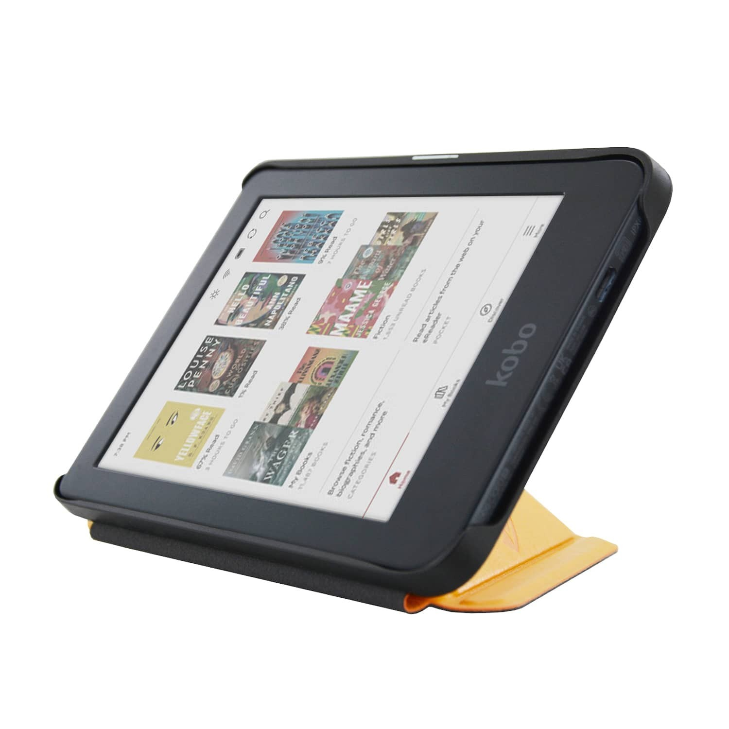 Een Kobo e-reader met boekomslagen, in een zwarte hoes met een oranje standaard, tegen een witte achtergrond.