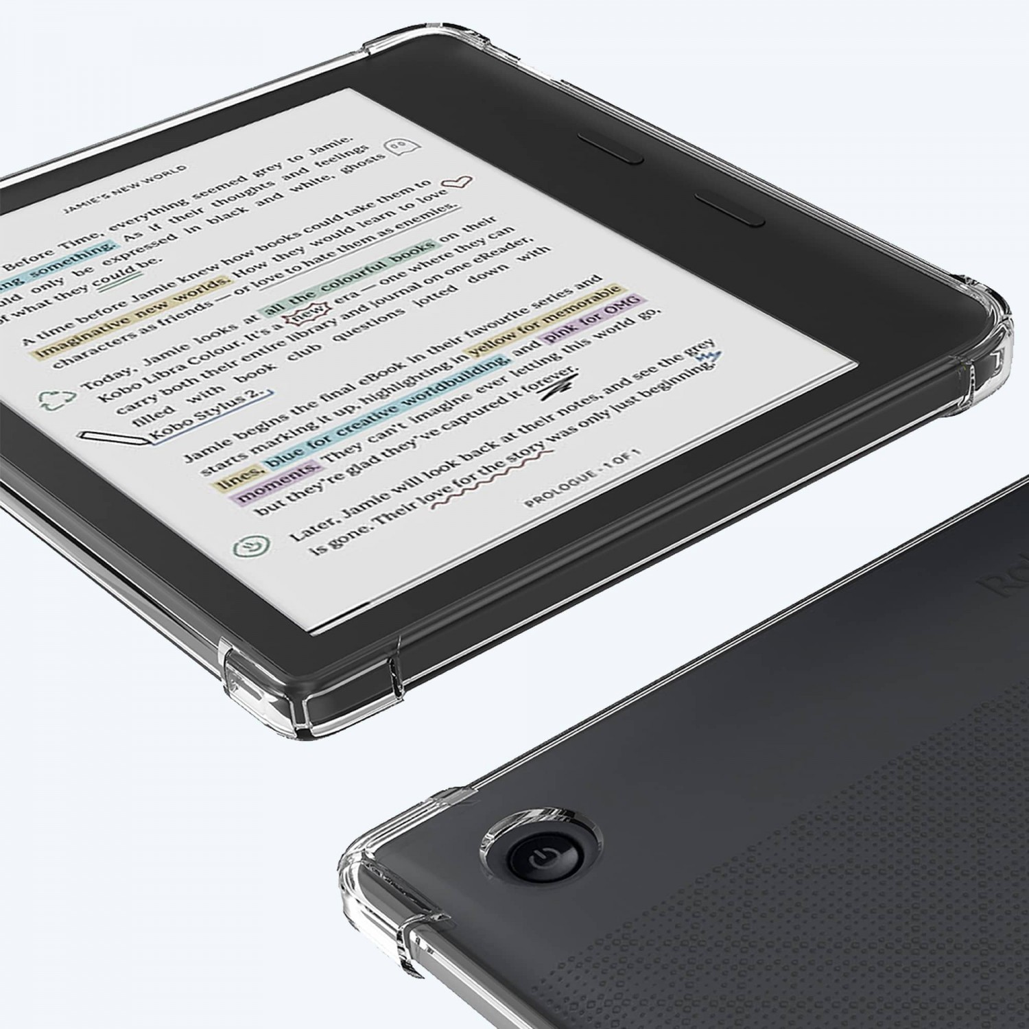 Een e-reader toont tekst, met een beschermhoes. Het onderste deel toont de achterkant van een andere e-reader.