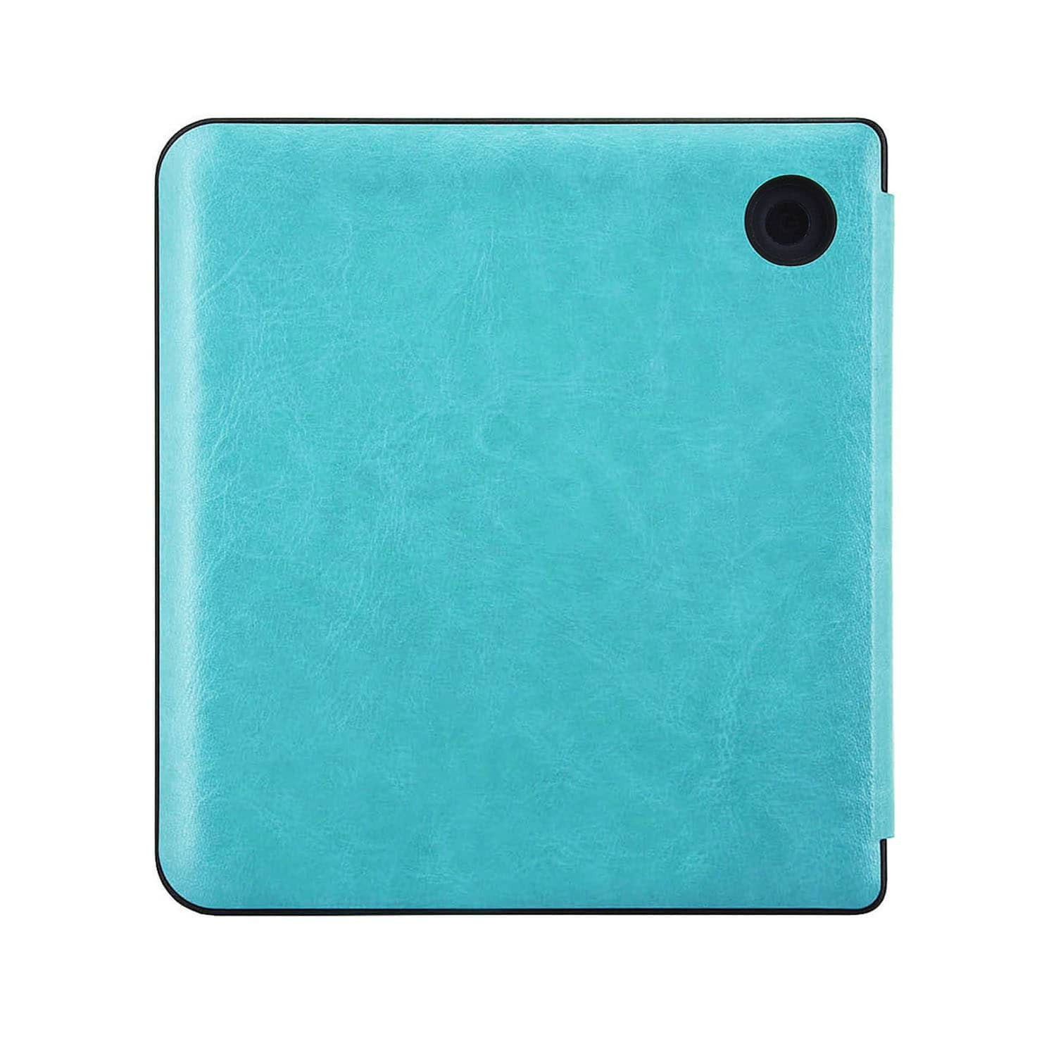Een turquoise tablethoes met een getextureerd oppervlak en een zwarte rand. Een zwarte cameralens is zichtbaar in de rechterbovenhoek.
