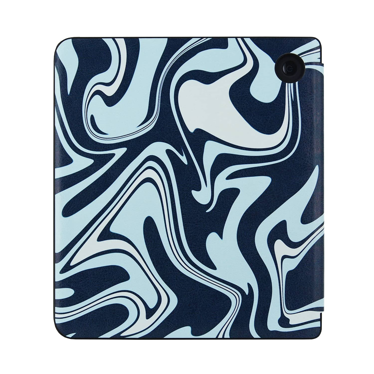 Vierkant apparaat met een wervelend patroon in marineblauw en lichtblauw. De rechterbovenhoek heeft een zwarte knop. Afgeronde hoeken zijn zwart.