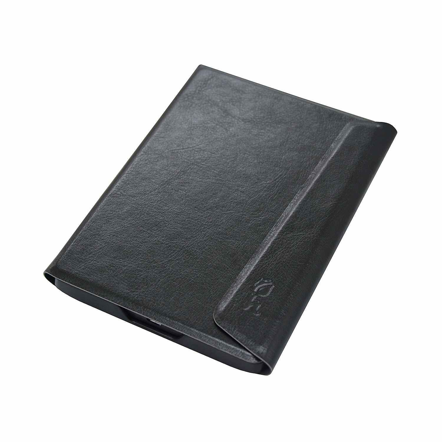A closed, black leather case. The case has a textured surface and is slightly angled. A logo is visible on the flap.