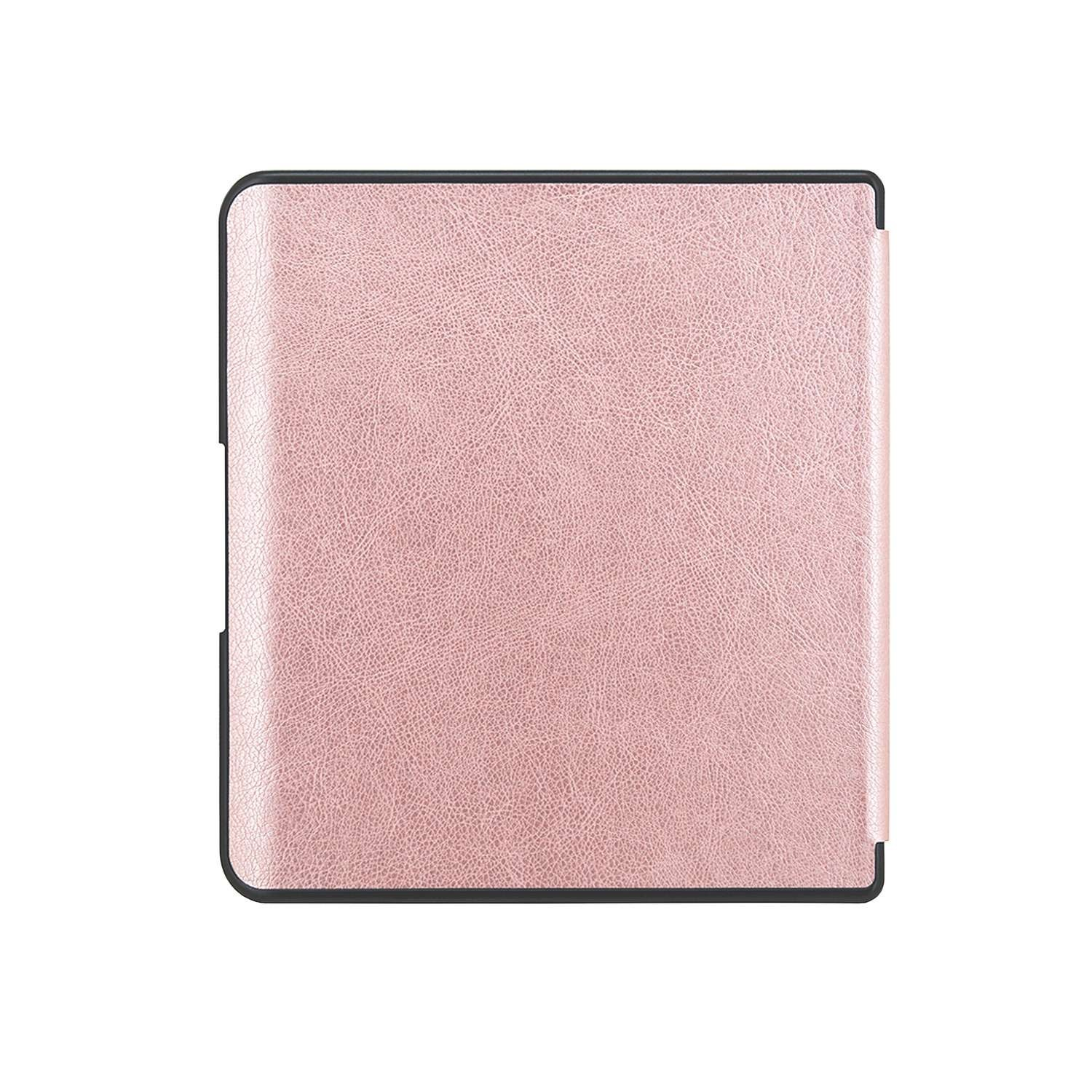 Een vierkante, roze leren hoes met een zwarte rand, getoond tegen een witte achtergrond.