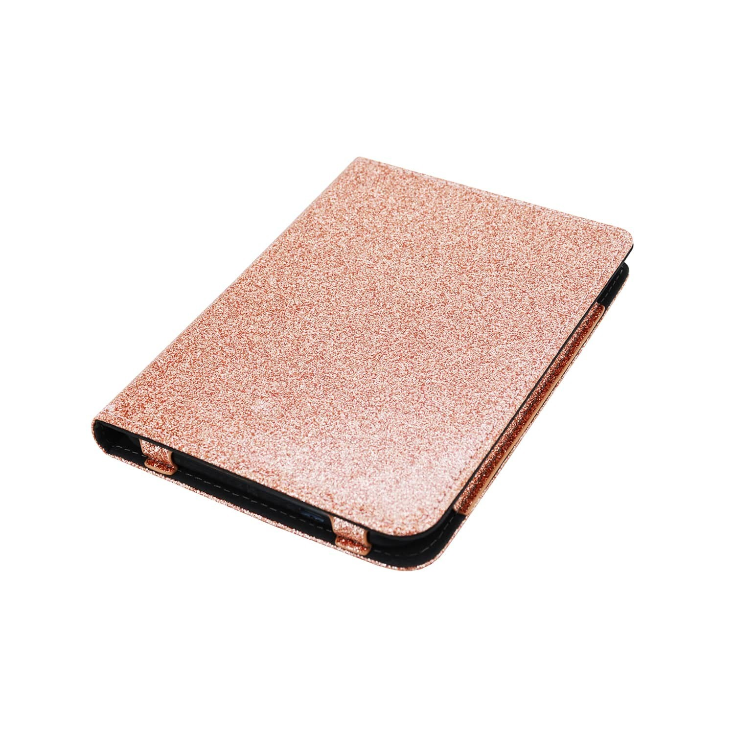 Een rosé gouden glittertablethoes, gesloten, met een zwarte rand, tegen een witte achtergrond.