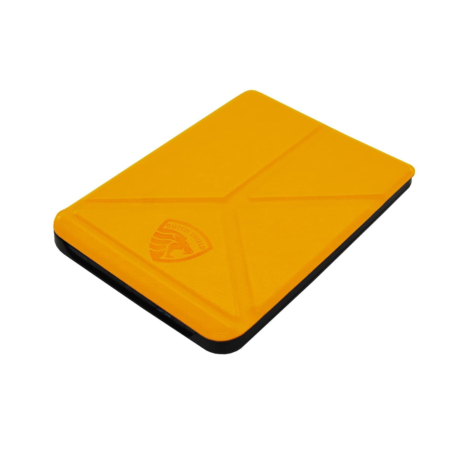 Een oranje, rechthoekige hoes met een zwarte rand. Het Dutch Shield logo is zichtbaar op de hoes.