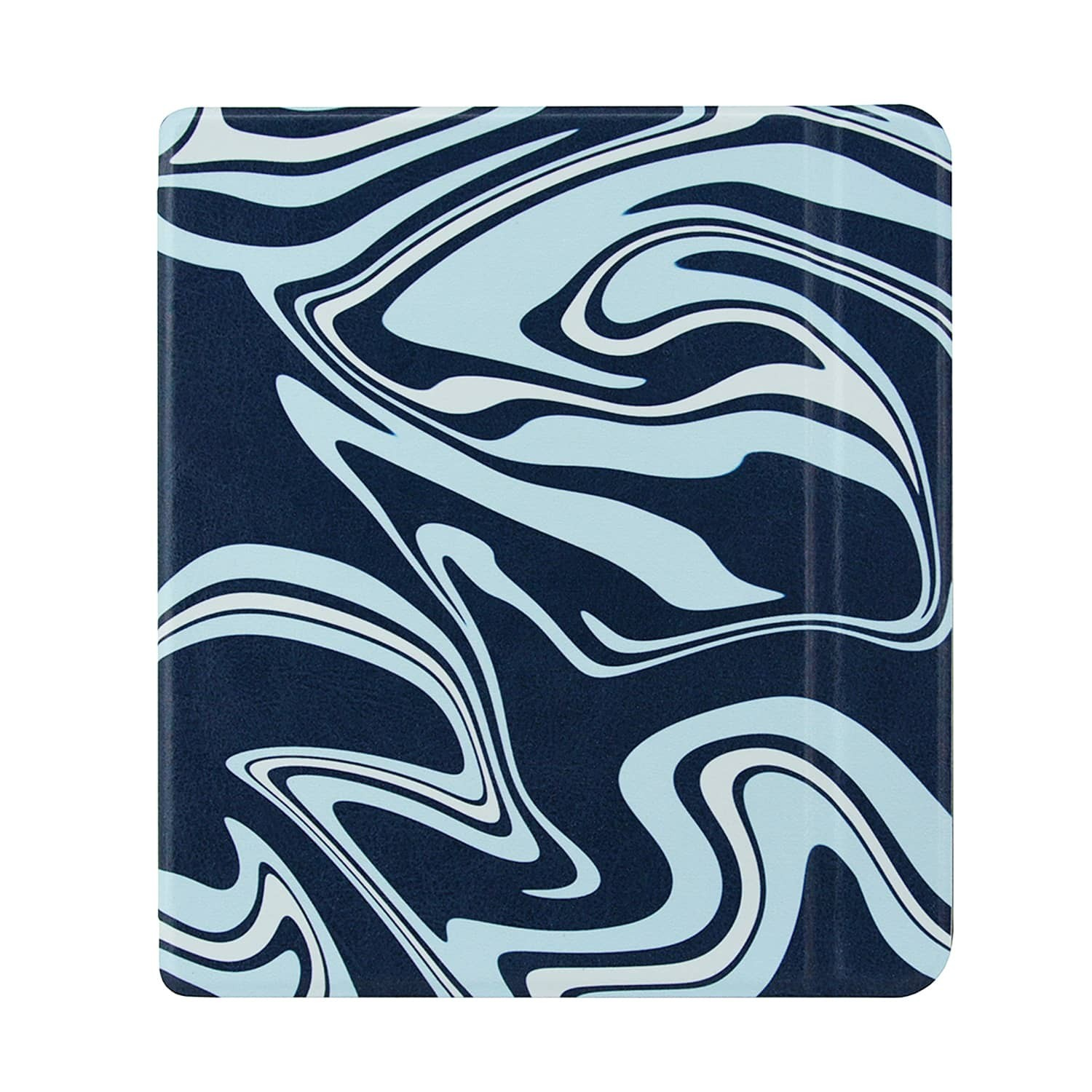 Een vierkant object met een marineblauwe basis en een wervelend patroon van lichtblauw en wit, dat op marmer lijkt.