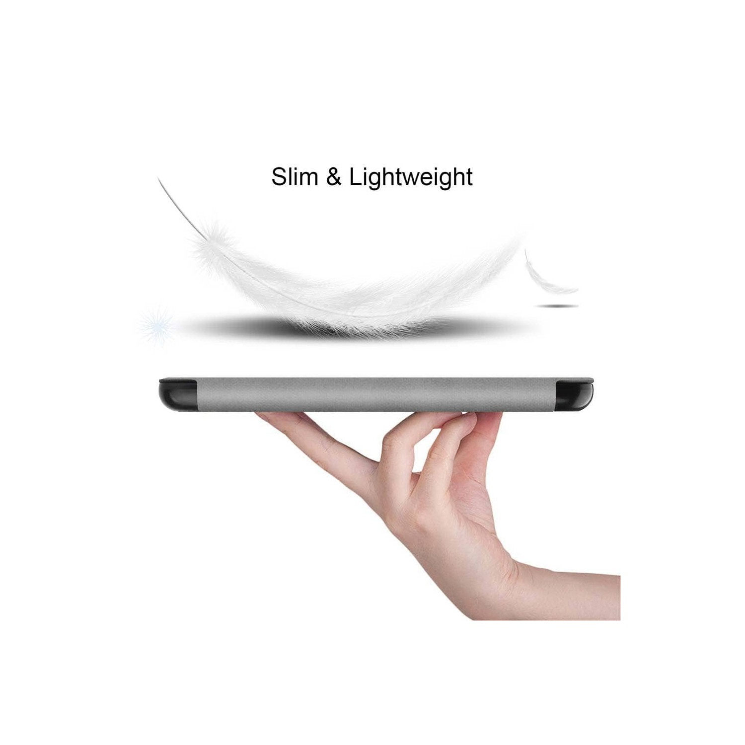 Een hand die een grijze tablet vasthoudt. Daarboven een veer en de woorden 'Slim & Lightweight'. Witte achtergrond.
