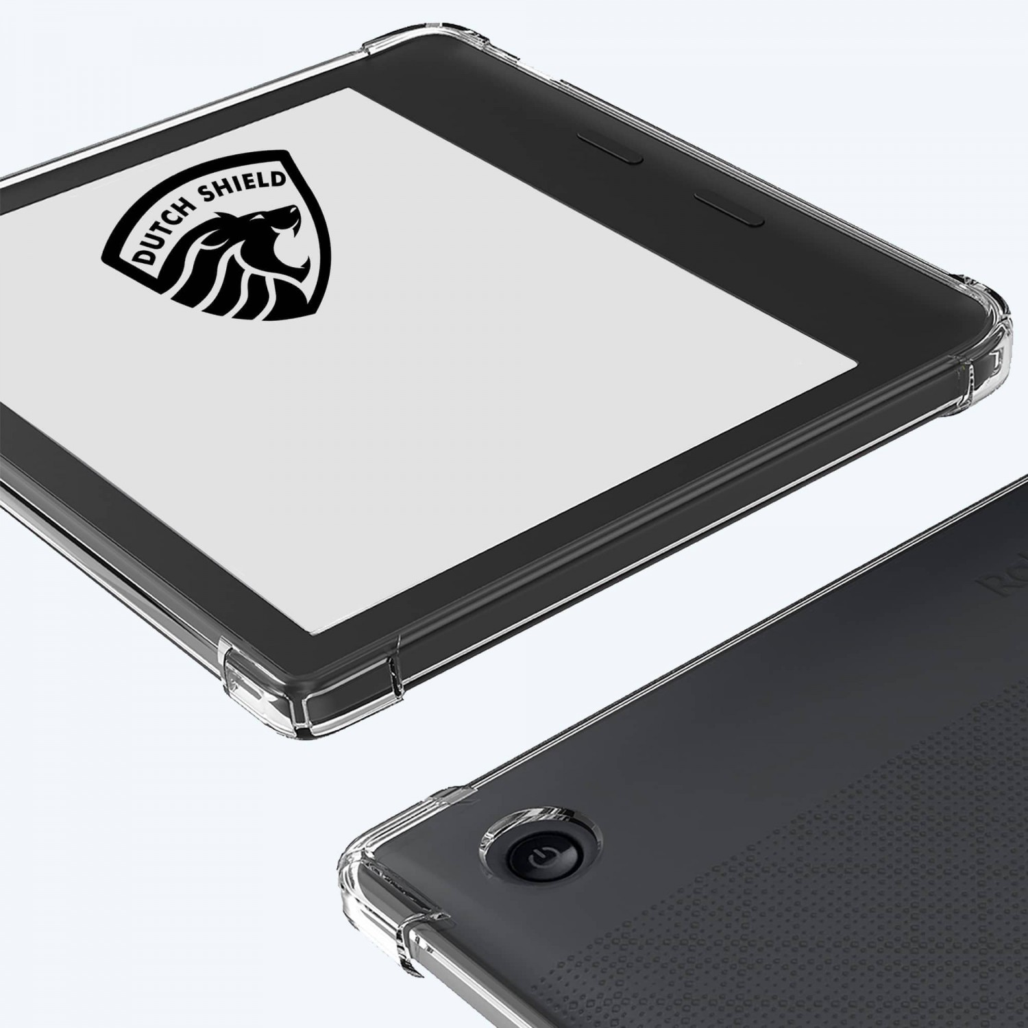 Twee zwarte e-readers met doorzichtige beschermhoezen. Eén toont een Dutch Shield-logo. De andere heeft een aan/uit-knop.