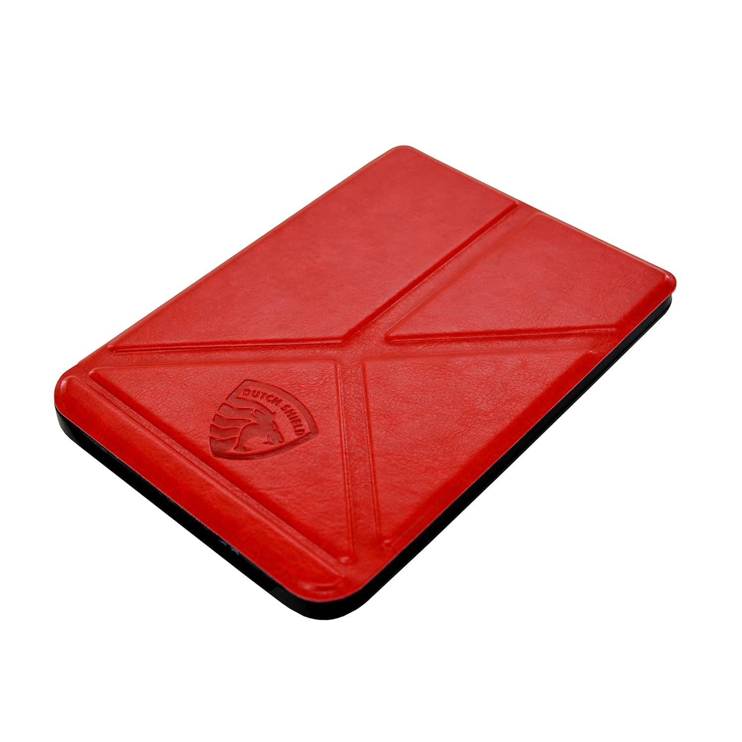 Een rode Dutch Shield tablethoes met een zwarte rand. De hoes is gevouwen met een logo aan de voorkant.