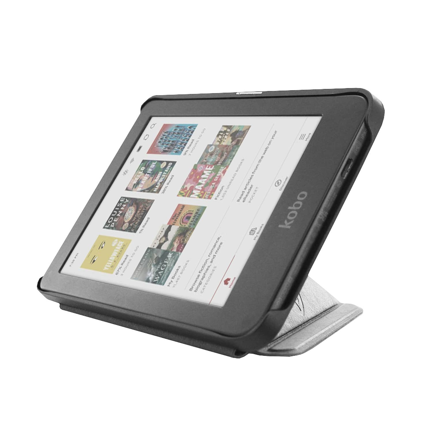 Een Kobo e-reader met boekomslagen. Het zit in een zwarte hoes, ondersteund door een standaard. Het scherm toont boektitels en categorieën.