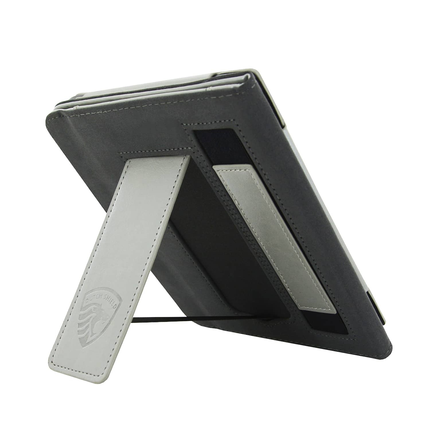Een grijze tablethoes met een standaard. De standaard is wit met een Dutch Shield-logo. De hoes staat schuin en is open.