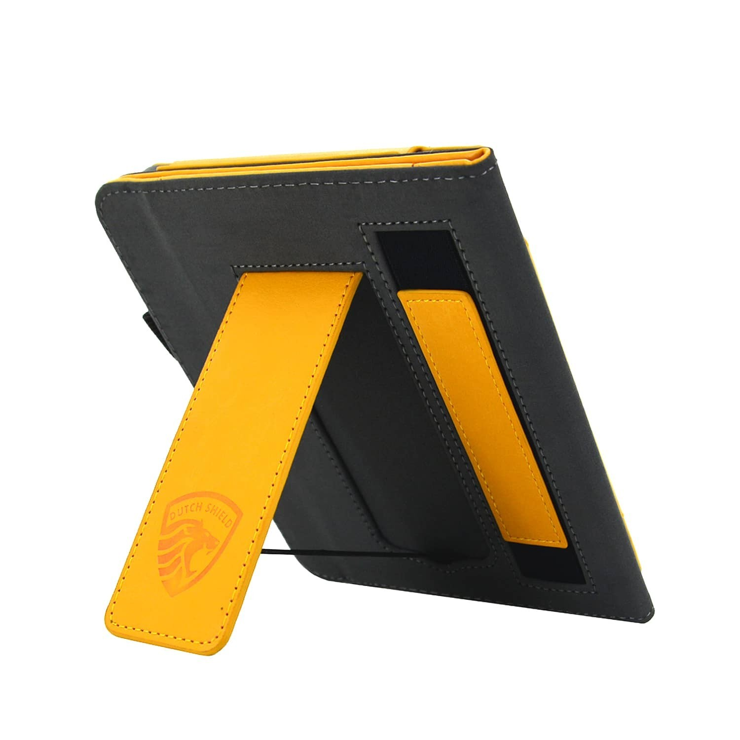 Een tablethoes met een gele standaard en accenten, de hoes is zwart en heeft het Dutch Shield logo.