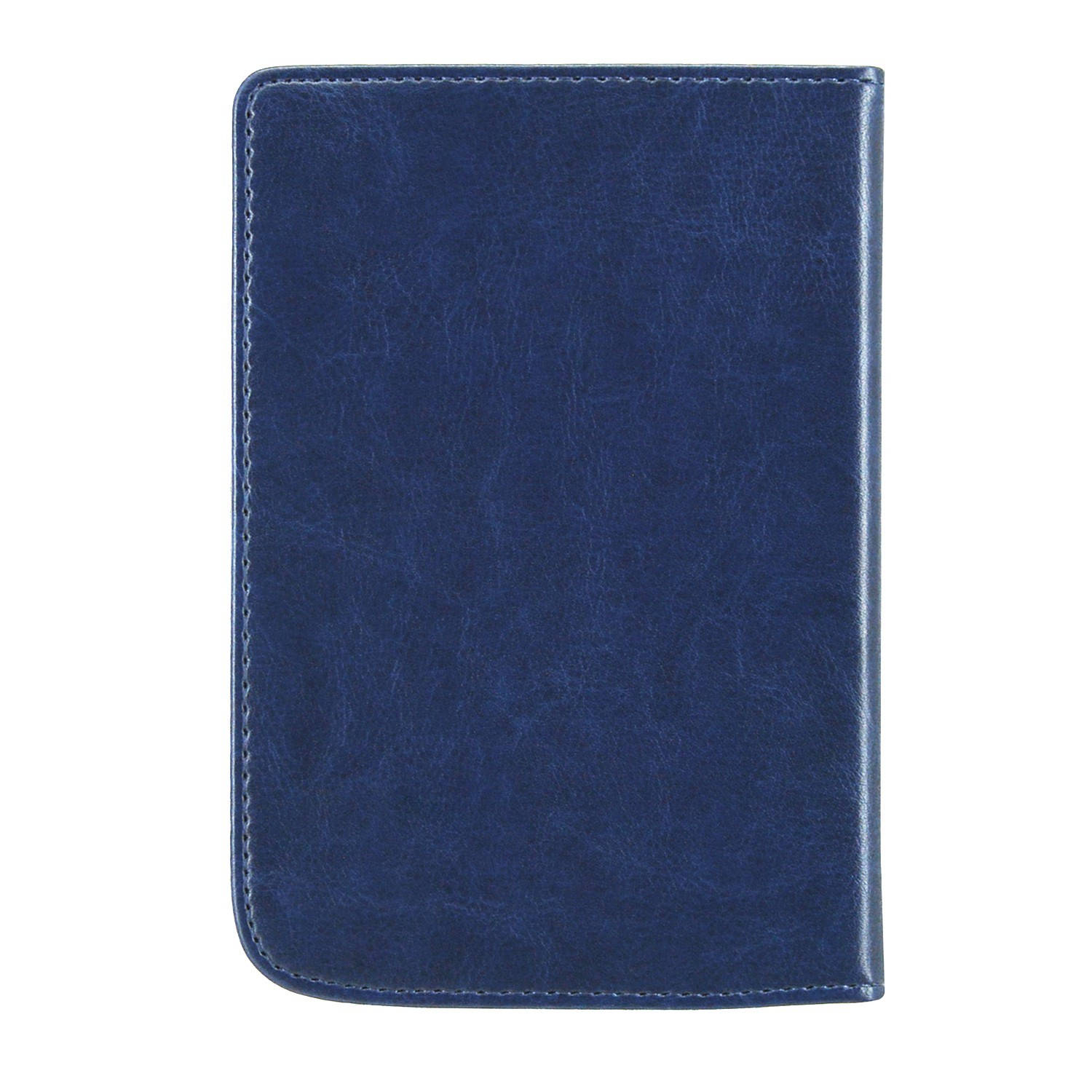 Close-up van een blauw leren notitieboek, met gestikte randen, tegen een witte achtergrond.