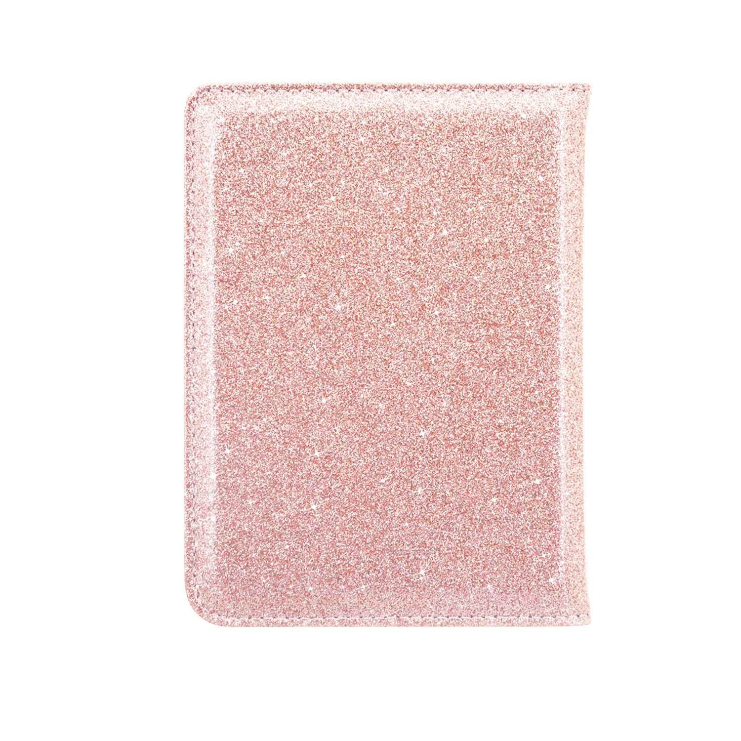 Een rechthoekig, glinsterend, roségoud object, mogelijk een hoesje, staat gecentreerd tegen een witte achtergrond.