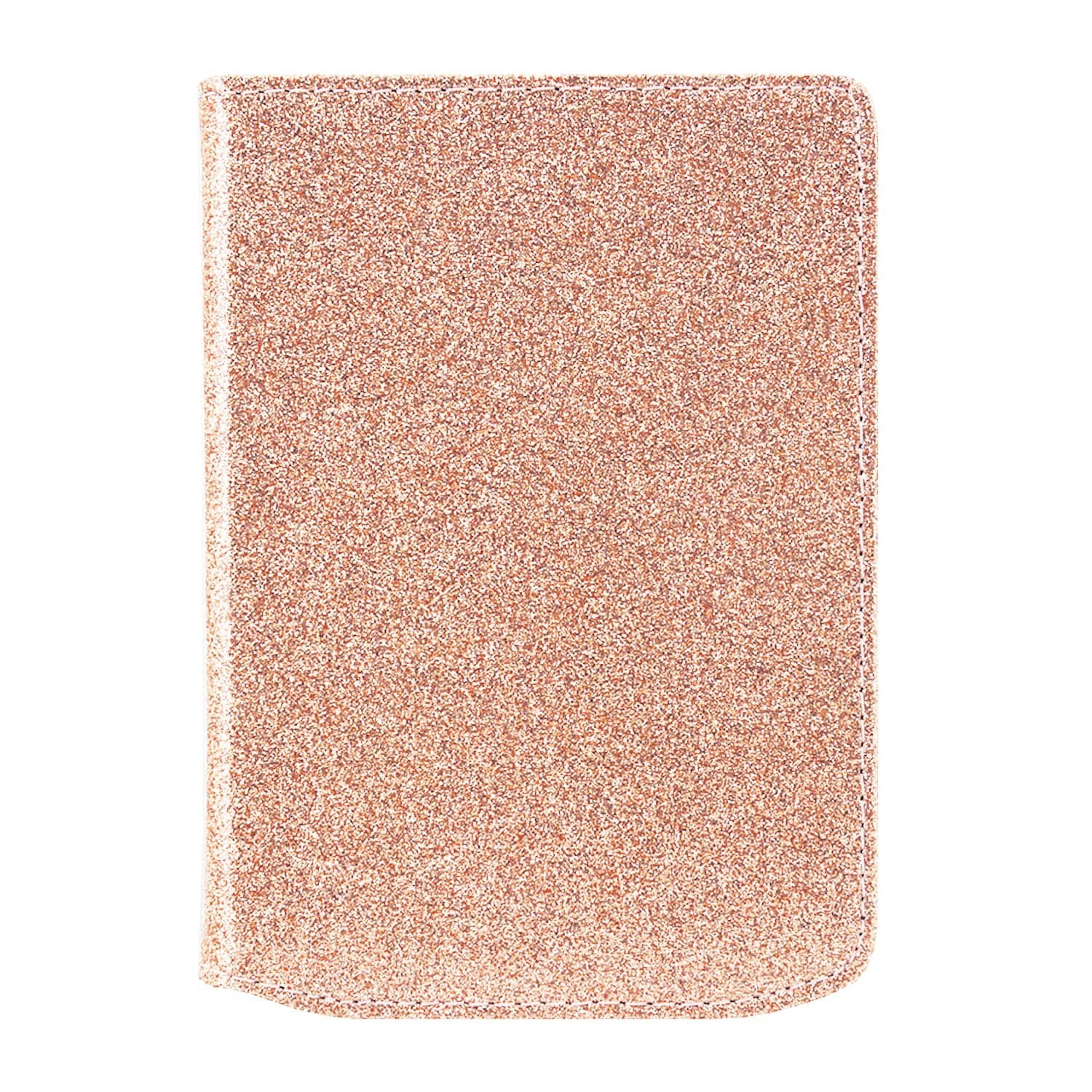 Een glinsterend, roségoudkleurig rechthoekig object, waarschijnlijk een notitieboek of etui, tegen een witte achtergrond.