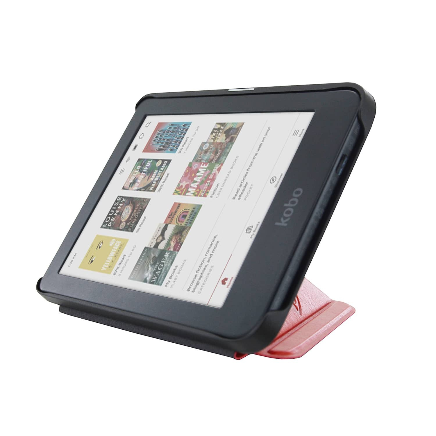 Een Kobo e-reader met boekomslagen, ondersteund door een rode standaard. Het scherm toont boektitels en een menubalk.