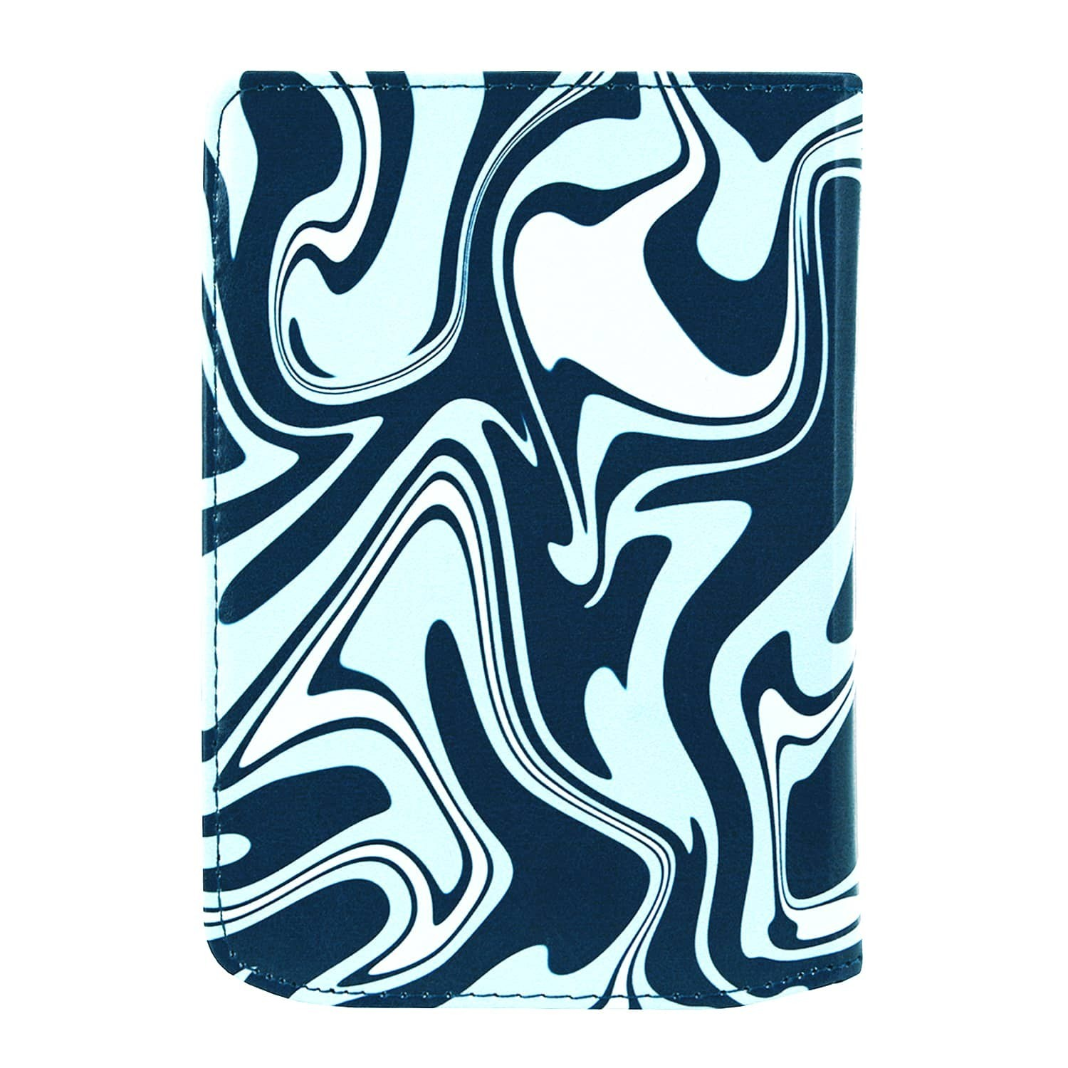 Een rechthoekige portemonnee met een blauw en wit abstract wervelpatroon, geïsoleerd op een witte achtergrond.