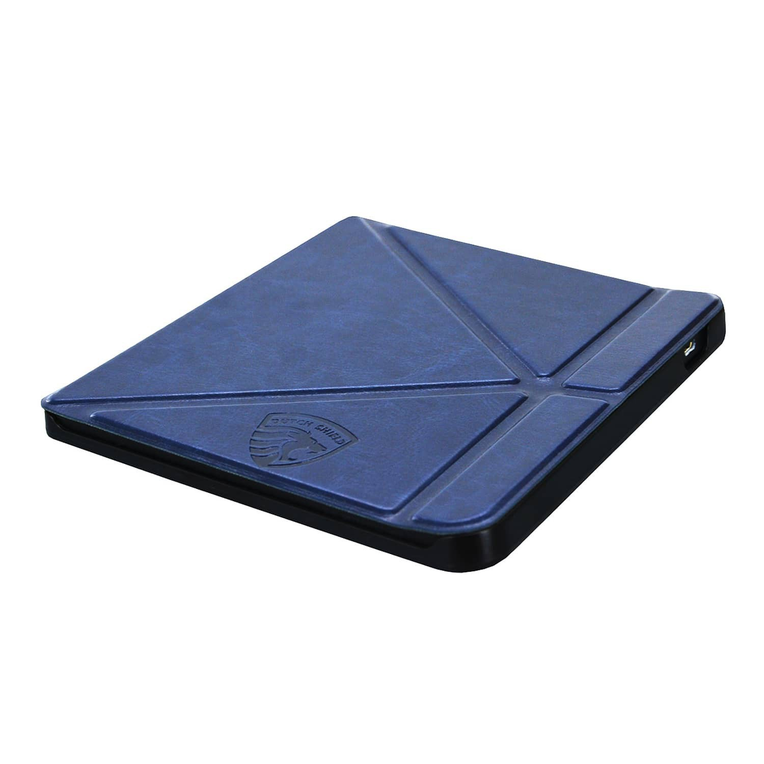 Een blauwe leren hoes voor een tablet met een zwarte rand. De hoes heeft een logo met 'DUTCH SHIELD'.
