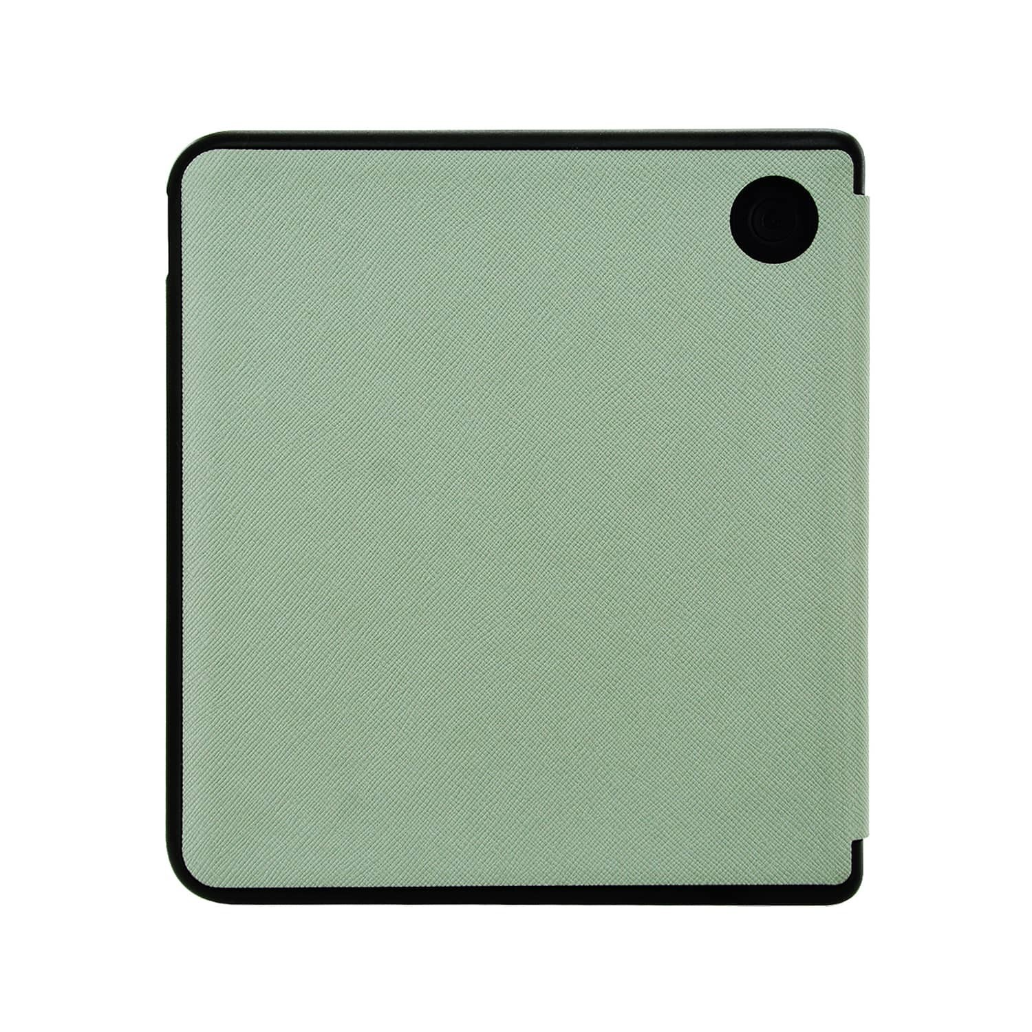 Een mintgroene tablethoes met een zwarte rand en een zwarte aan/uit-knop rechtsboven, geïsoleerd op wit.