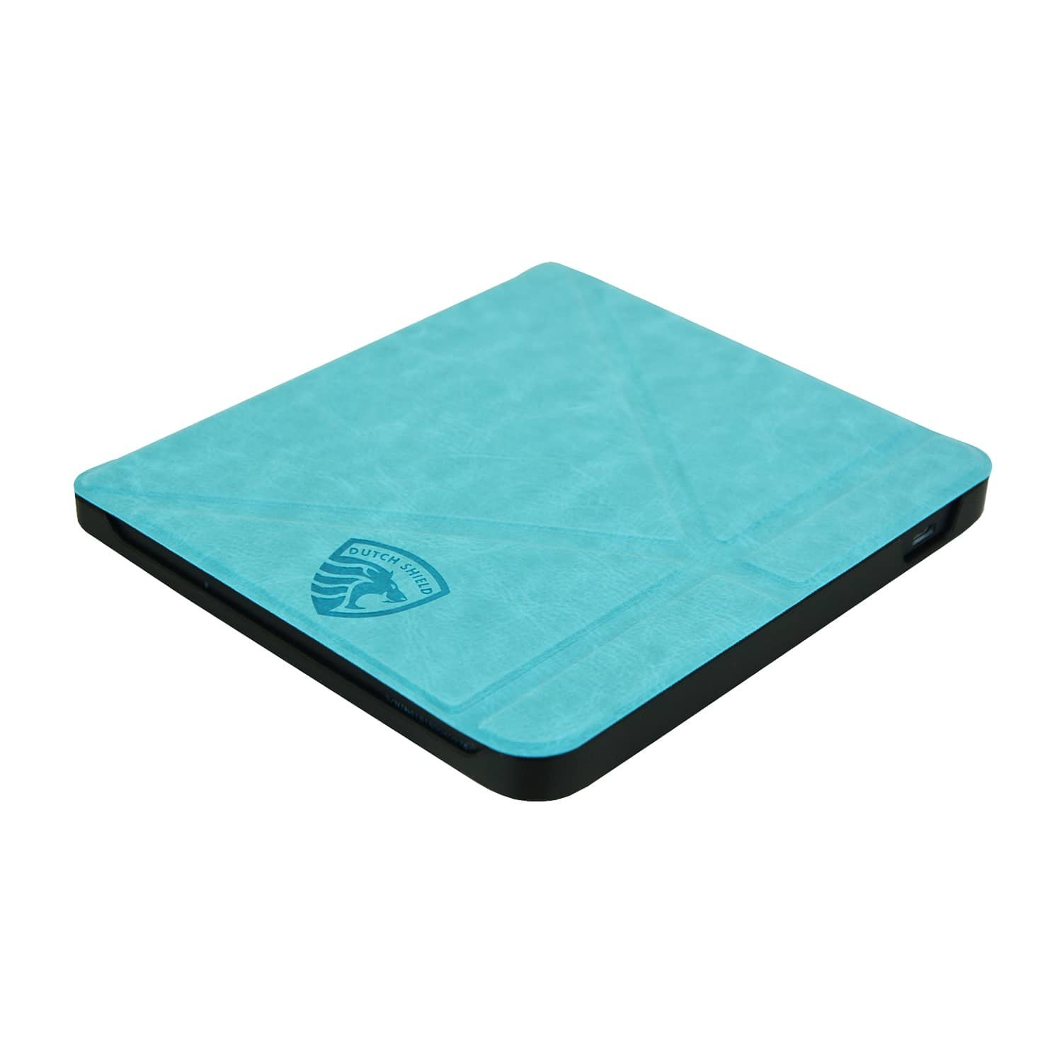 Een turquoise Dutch Shield tablethoes met een zwart frame, logo zichtbaar. Diagonale lijnen op de hoes. Geïsoleerd op witte achtergrond.