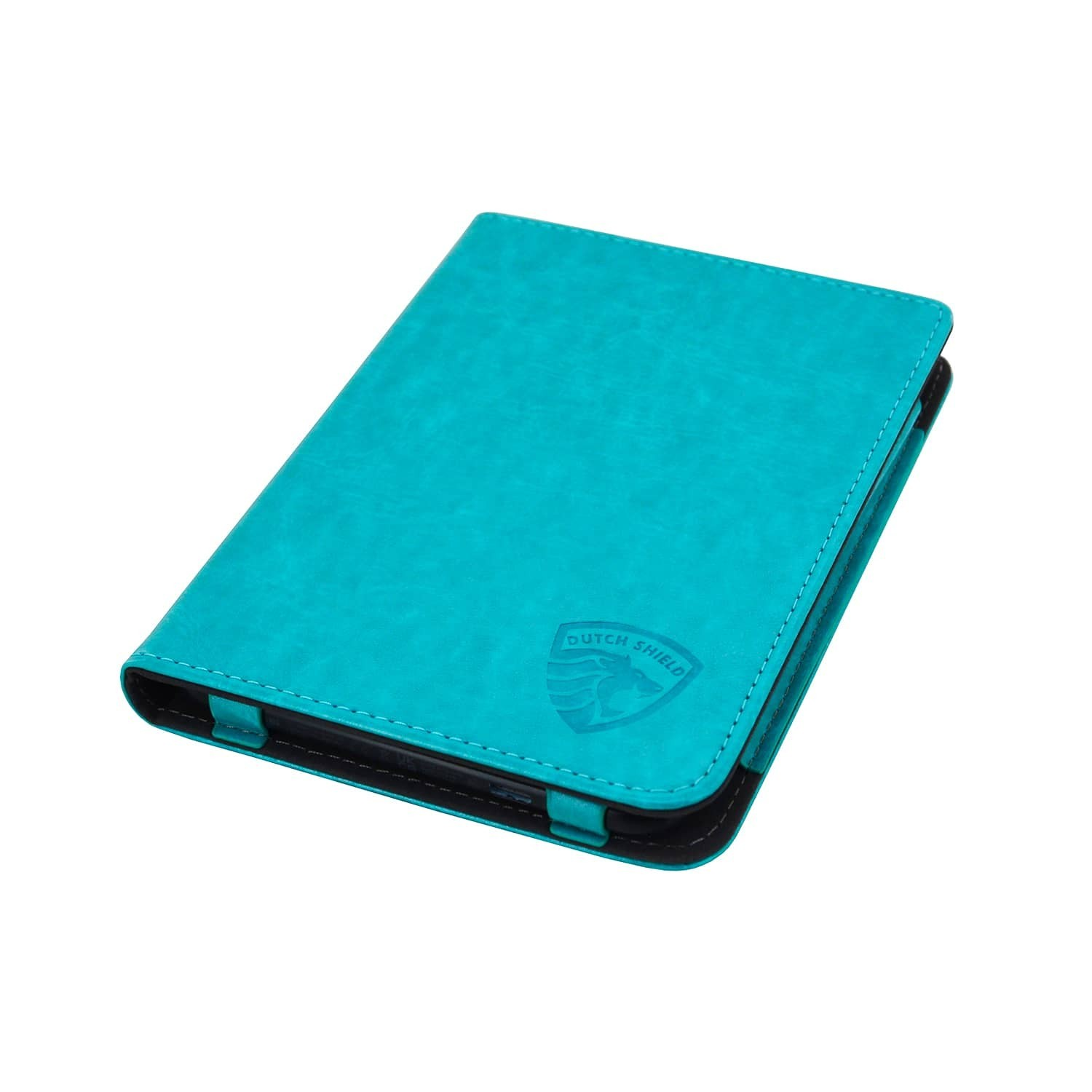 Een turquoise tablethoes, Dutch Shield-logo, zwarte randen, stikseldetails. Geïsoleerd op witte achtergrond.