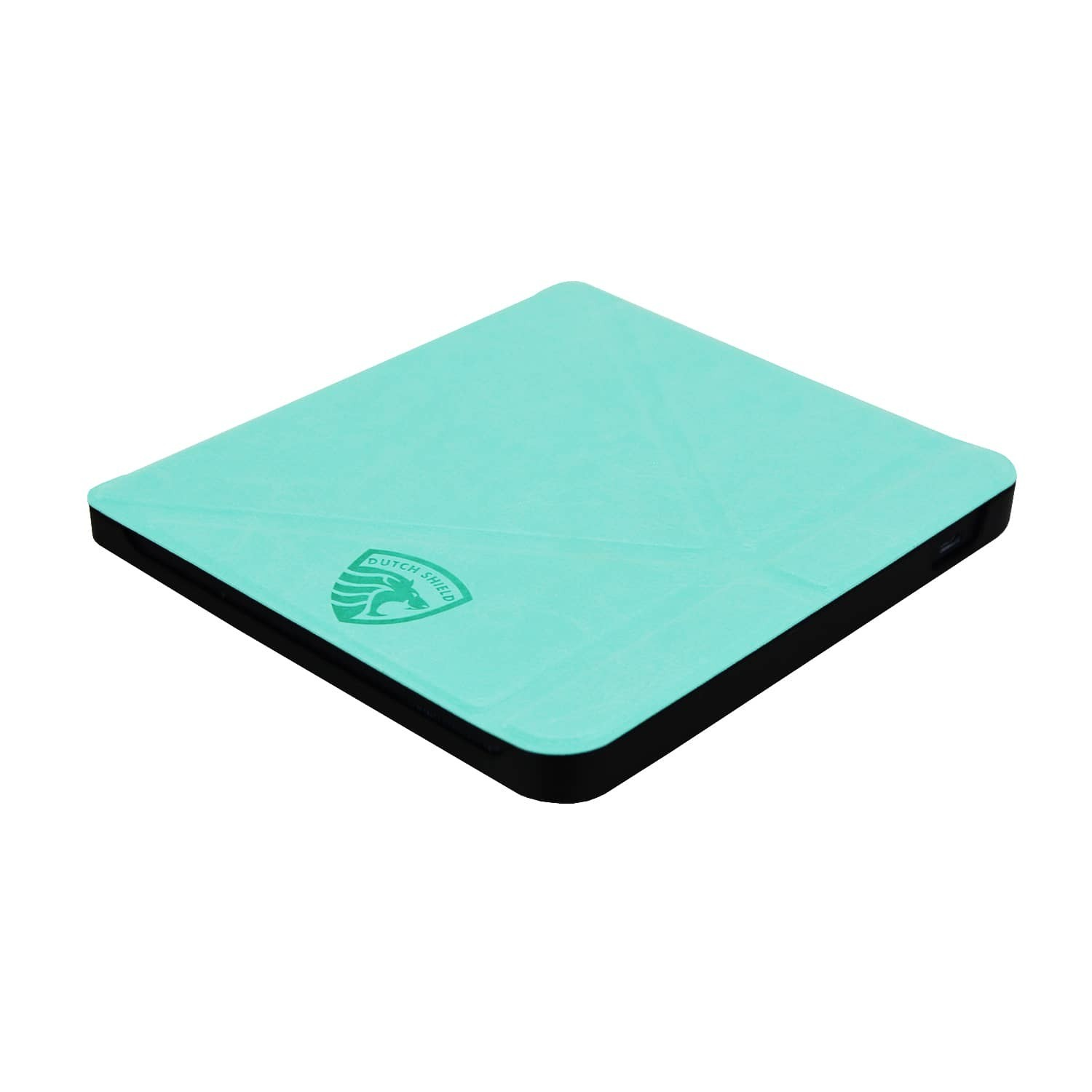Een turquoise vierkant apparaat met een zwarte rand. Het 'Dutch Shield' logo is zichtbaar. Het apparaat staat tegen een witte achtergrond.