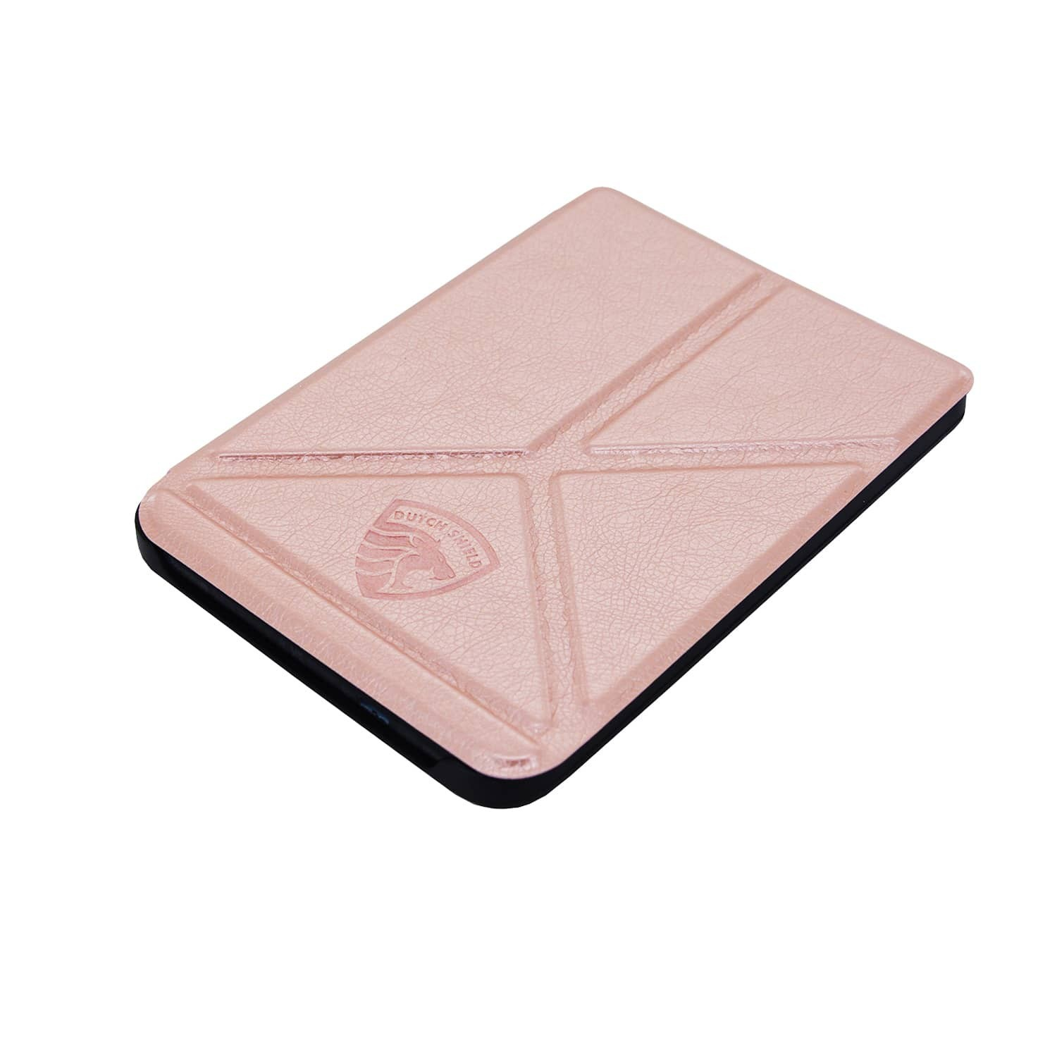 Een roze, ledertextuur tablet hoesje met zwarte rand. Het Dutch Shield logo is zichtbaar.