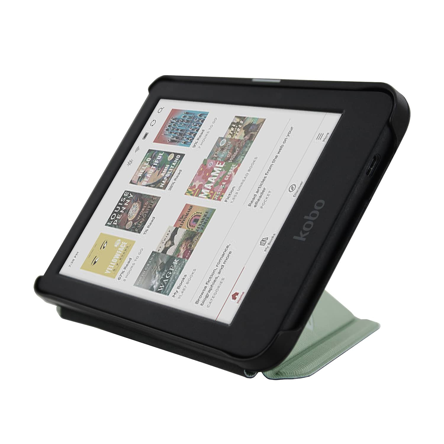 Een zwarte e-reader met boekomslagen, ondersteund door een lichtgroene hoes. Het scherm toont titels en een menu.