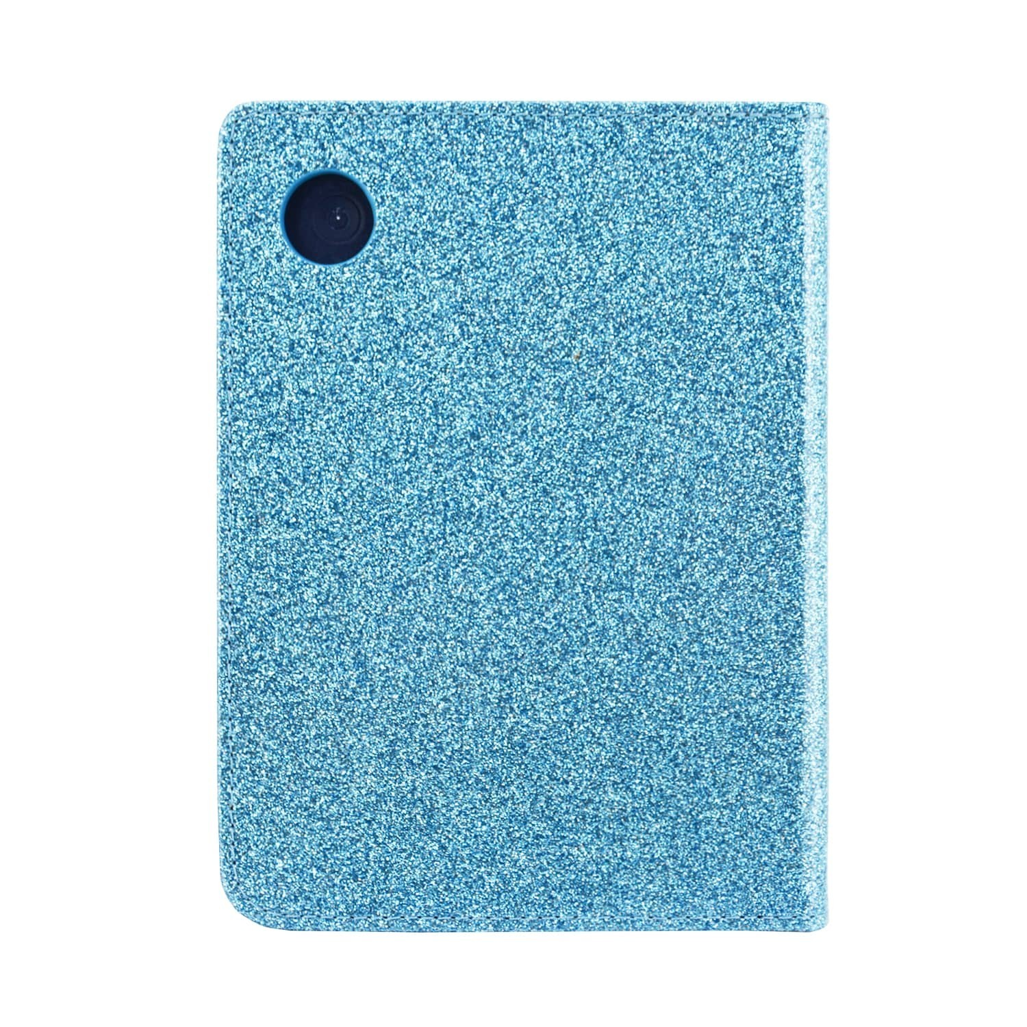 Een rechthoekig, lichtblauw object met een glinsterende textuur. Het heeft een afgeronde hoek en een donkerblauwe cirkel linksboven.