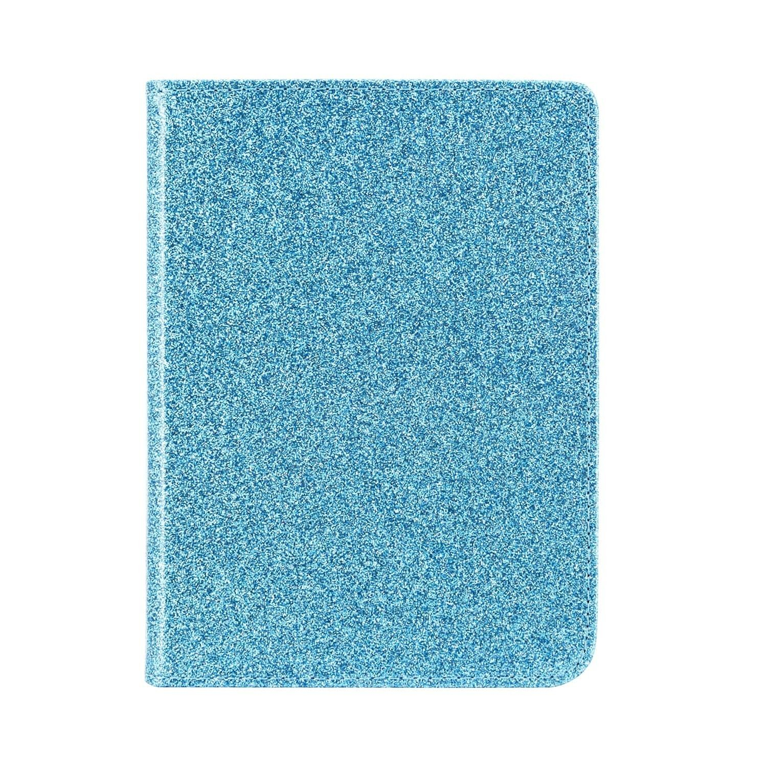Een rechthoekig, lichtblauw object met een glittertextuur, mogelijk een notitieboek of hoesje, geïsoleerd op een witte achtergrond.