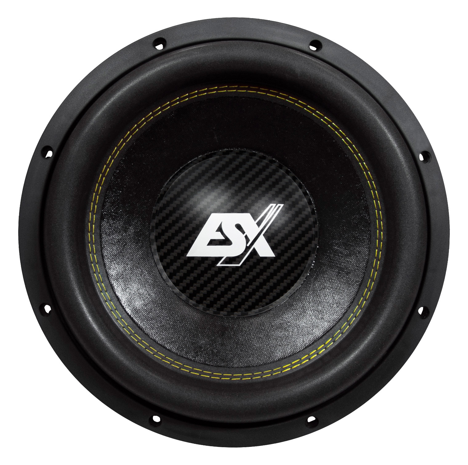 Ein schwarzer Subwoofer mit einer Kohlefaser-Membran und gelben Nähten. Das Logo ist weiß, die Einfassung schwarz mit Befestigungslöchern.