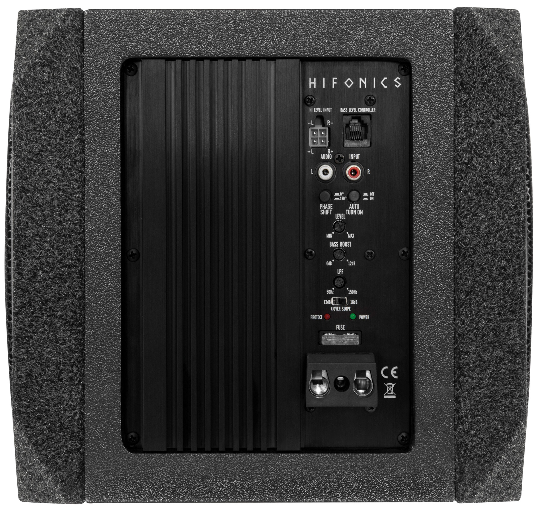 Schwarzer Audio-Subwoofer mit Bedienfeld, Eingängen und der Marke HIFONICS. Er hat verschiedene Einstellungen und Anschlussmöglichkeiten.
