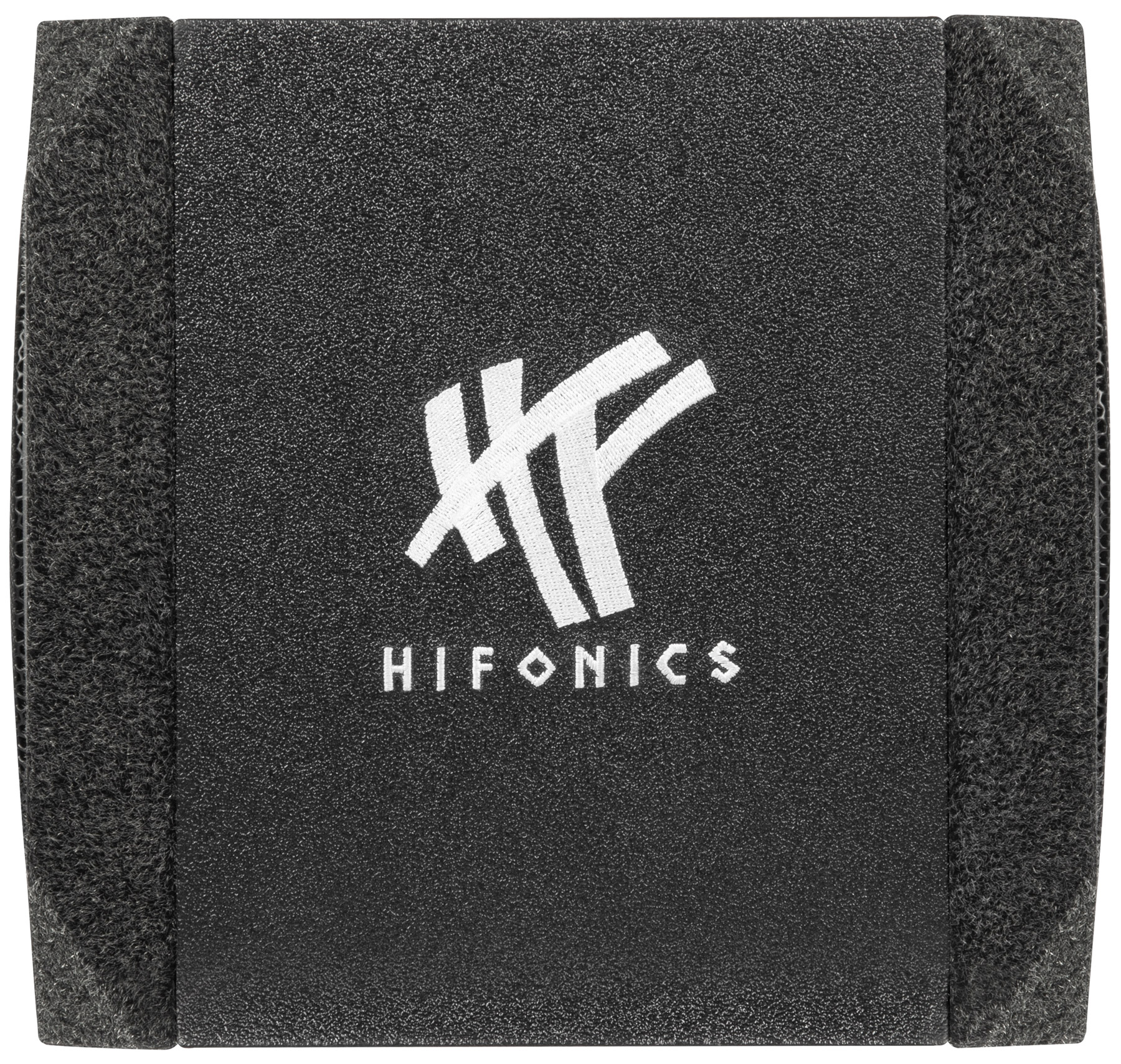 Schwarzer Lautsprecher mit weißem Hifonics-Logo. Seiten sind dunkles, strukturiertes Material. Das Logo befindet sich in der Mitte.