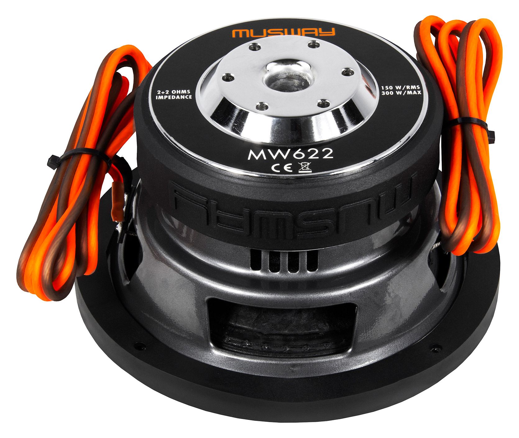 Ein Subwoofer mit orangefarbenen und braunen Drähten. Es hat einen schwarzen Körper mit silbernen Akzenten und Text mit der Aufschrift 'MUSWAY' und 'MW622'.