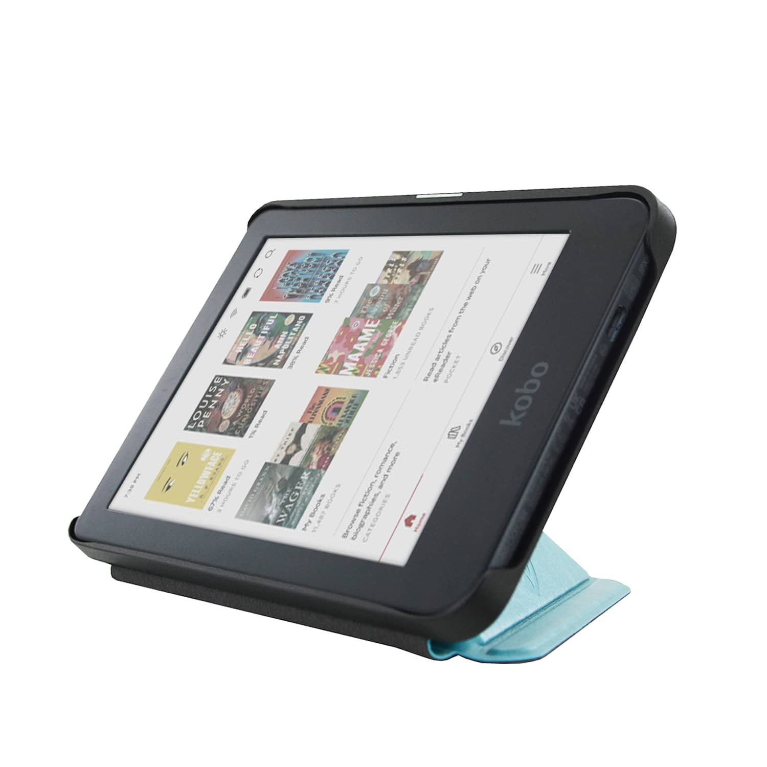 Een Kobo e-reader met boekomslagen. Het zit in een zwarte hoes en wordt ondersteund door een lichtblauwe hoes.