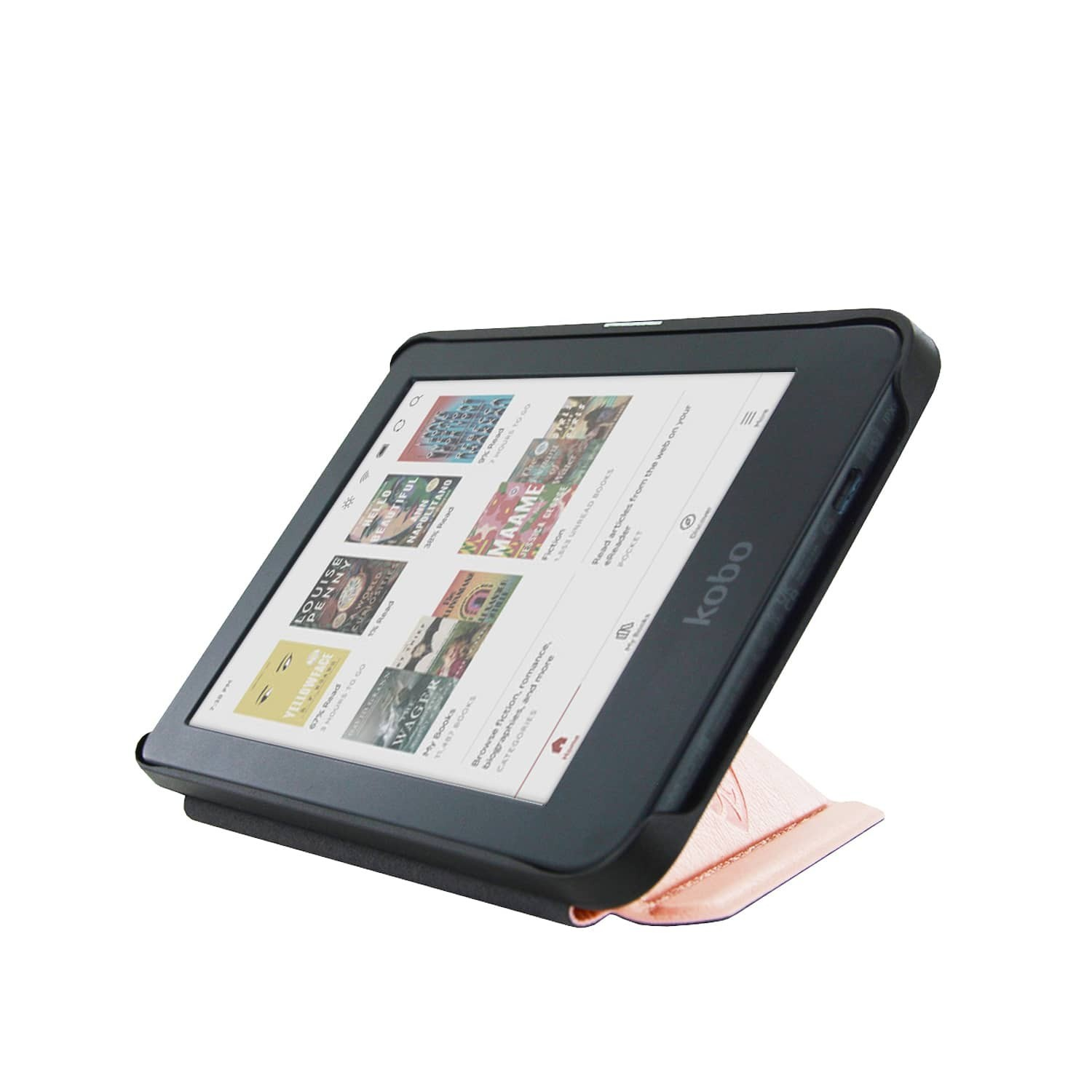 Een e-reader met verschillende boekomslagen op het scherm, ondersteund door een roségouden standaard. De e-reader heeft een zwarte behuizing en het Kobo-logo.