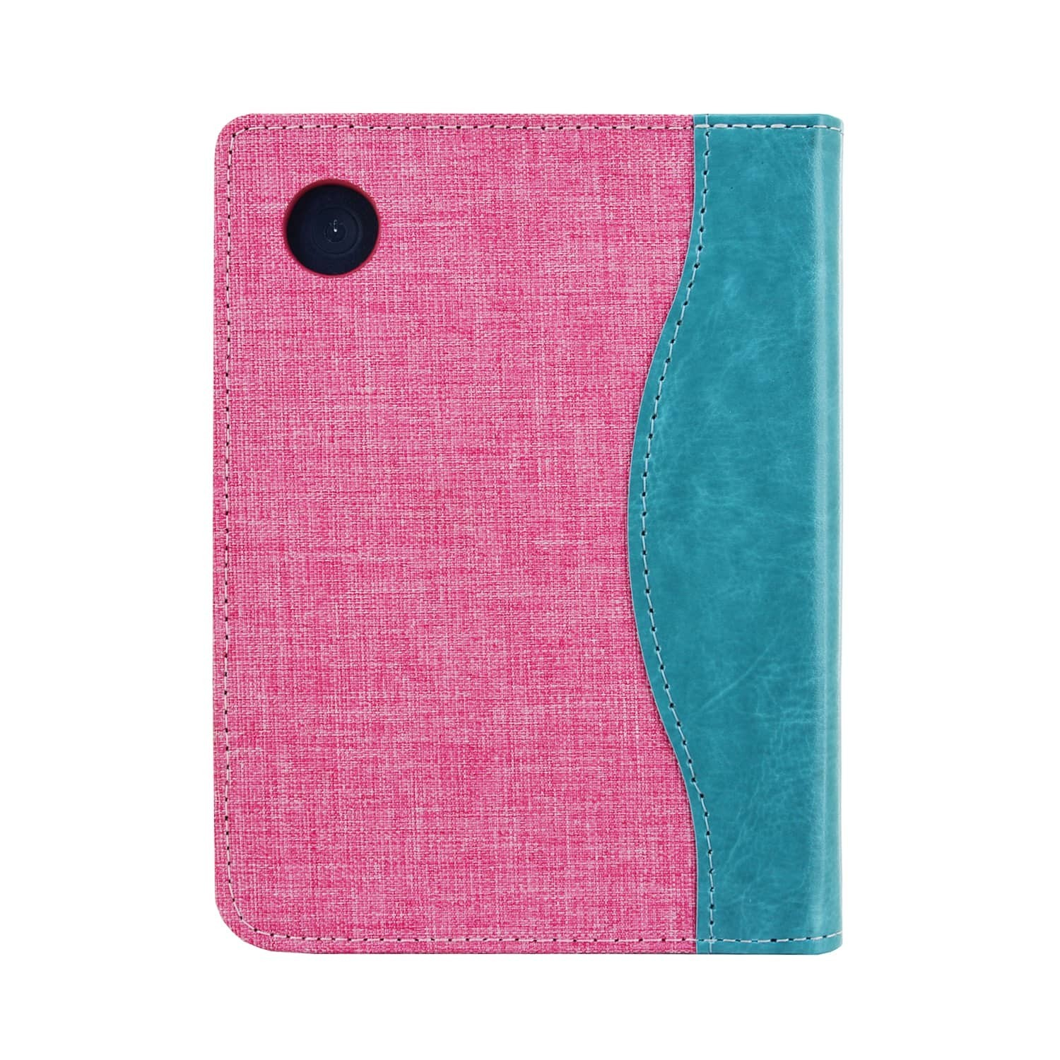 Een roze en blauwgroene tablethoes. Roze stof aan de linkerkant, blauwgroen leer aan de rechterkant. Een cameralens zit aan de roze kant.