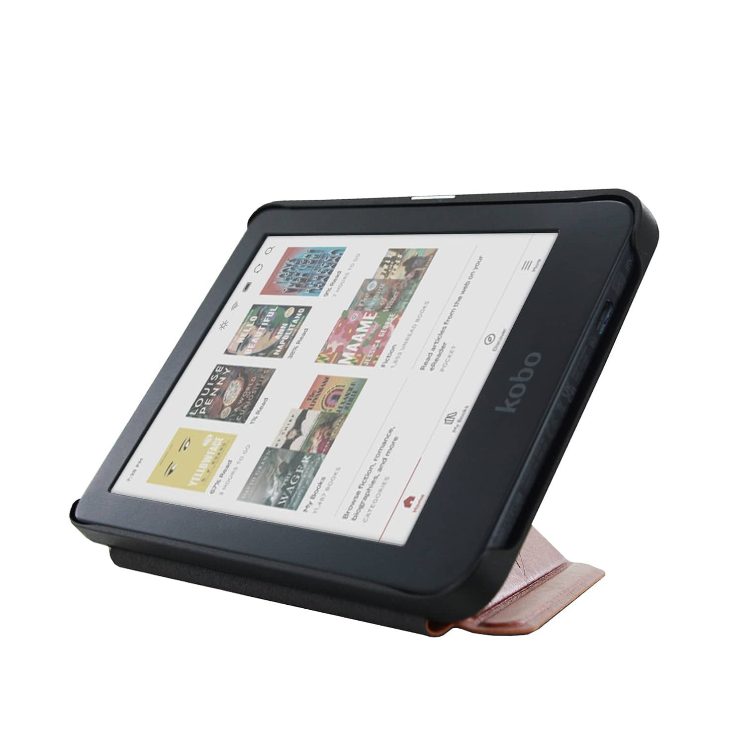 Een Kobo e-reader staat omhoog en toont boekomslagen. Het zit in een zwarte hoes met een standaard. De achtergrond is wit.