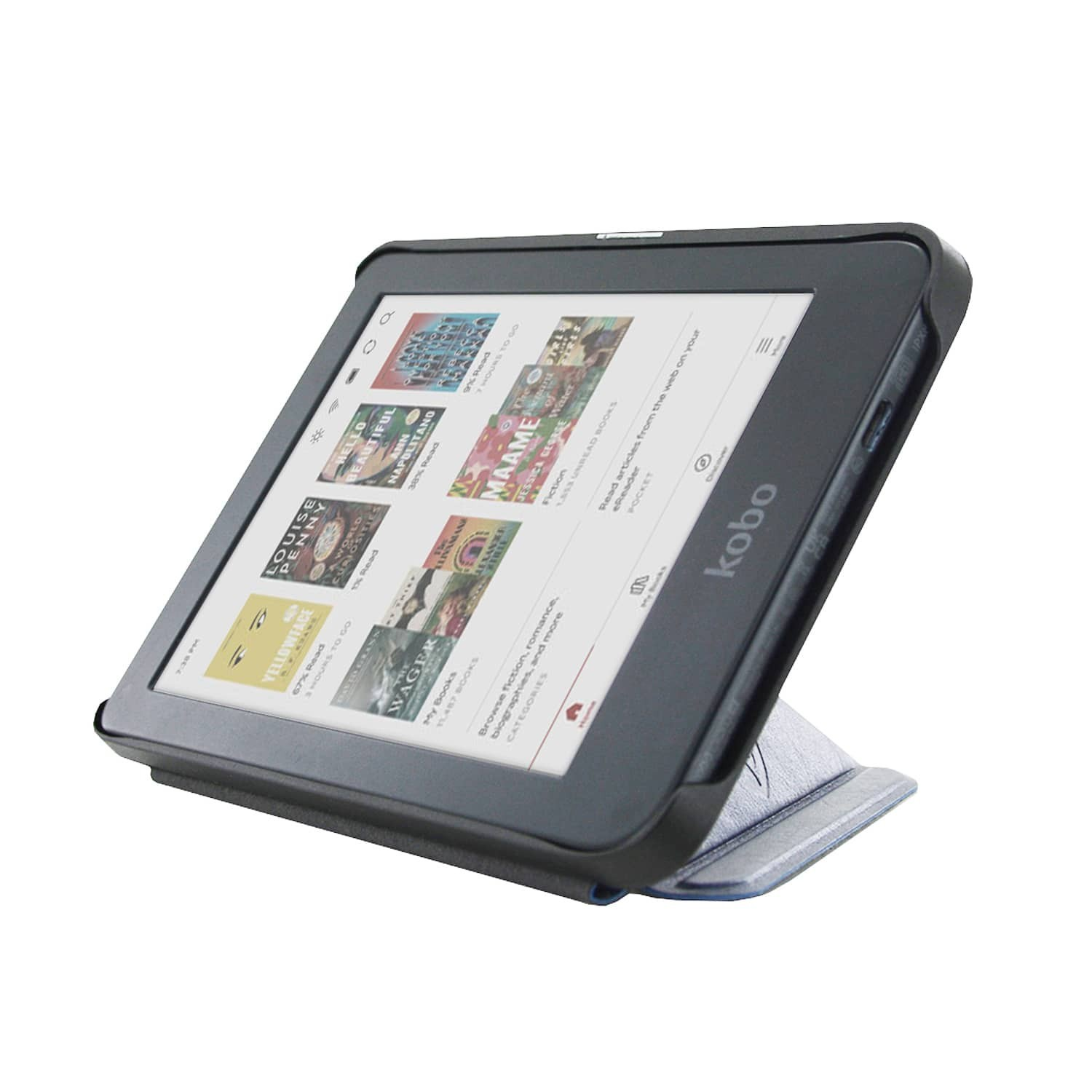 Een Kobo e-reader met een zwarte hoes toont boekomslagen. Het staat op een blauw-grijze standaard, met een witte achtergrond.
