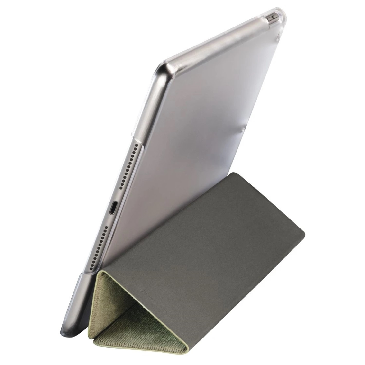 Ein Tablet in einer grauen Hülle wird von einem dreieckigen Ständer hochgehalten. Der Hintergrund ist weiß.