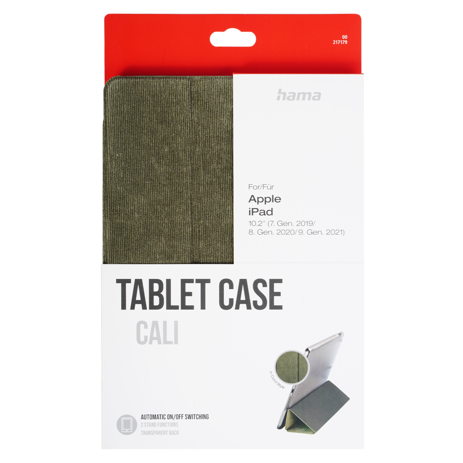 Tablethüllenverpackung. Die Hülle ist grün. Sie ist für ein Apple iPad. Die Verpackung ist rot und weiß mit dem Markennamen 'hama'.