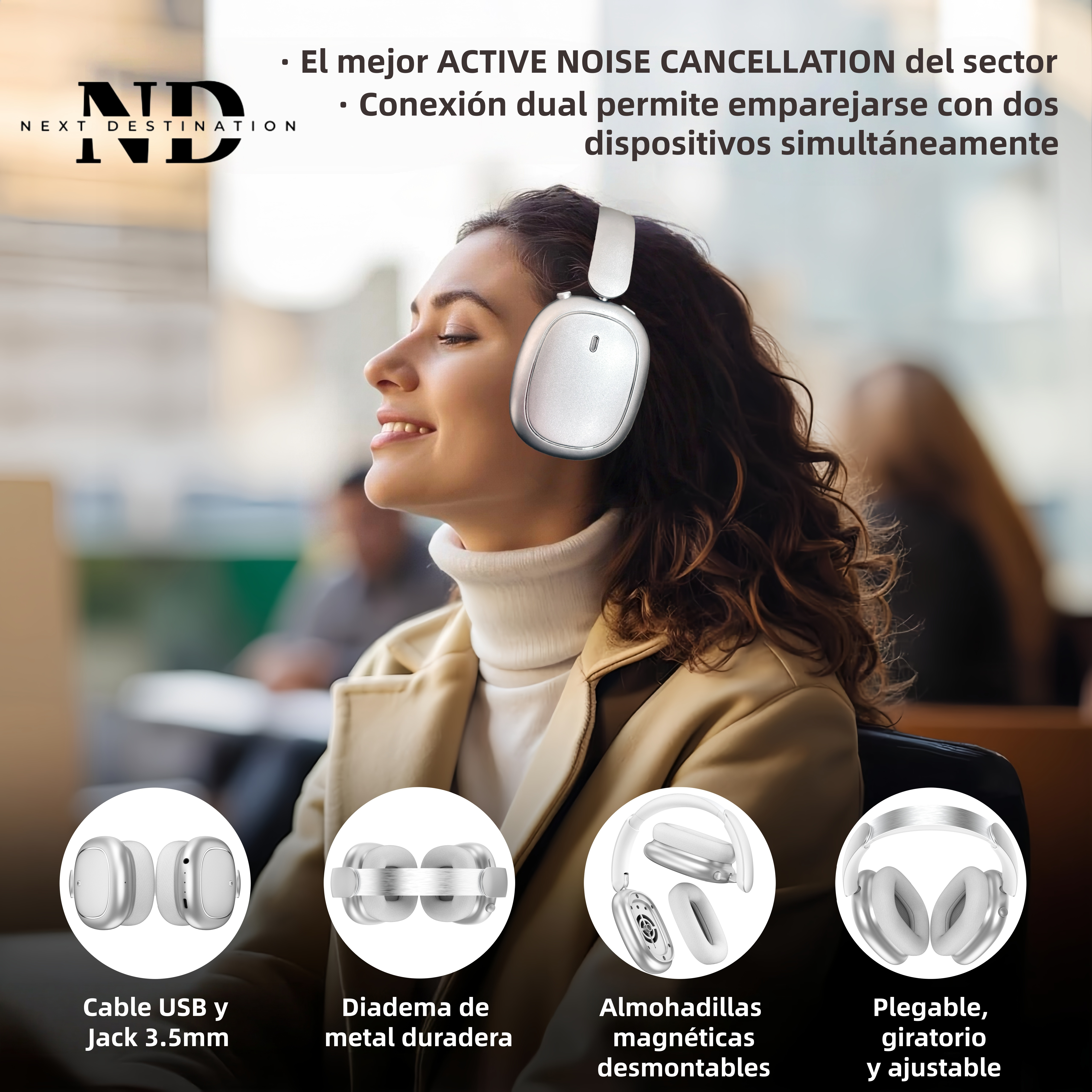 Una mujer con auriculares sonríe. La imagen promociona audífonos con cancelación de ruido con funciones. Los diagramas muestran las piezas.
