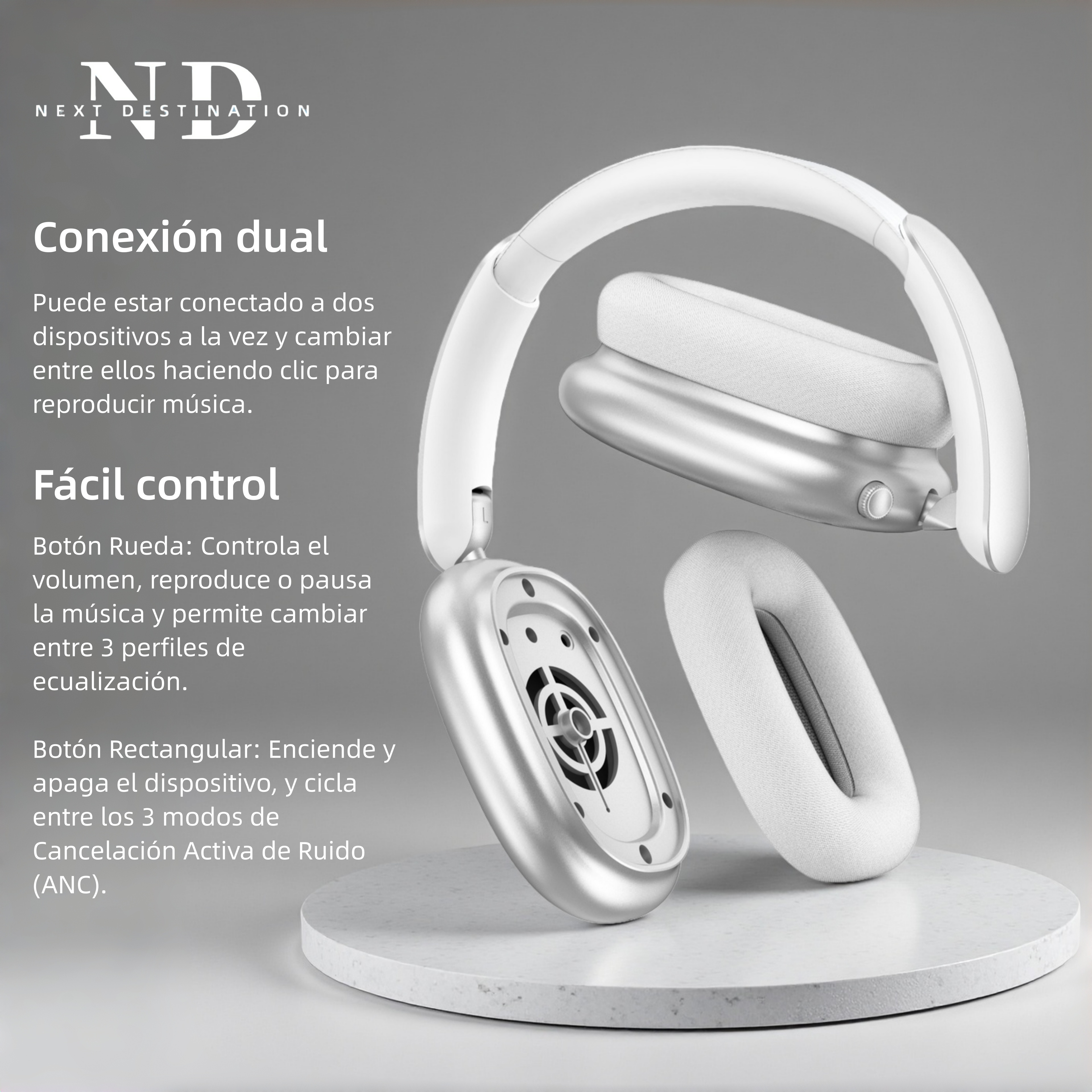 Auriculares blancos sobre una base blanca. Texto en español. Los auriculares tienen copas plateadas y almohadillas blancas.
