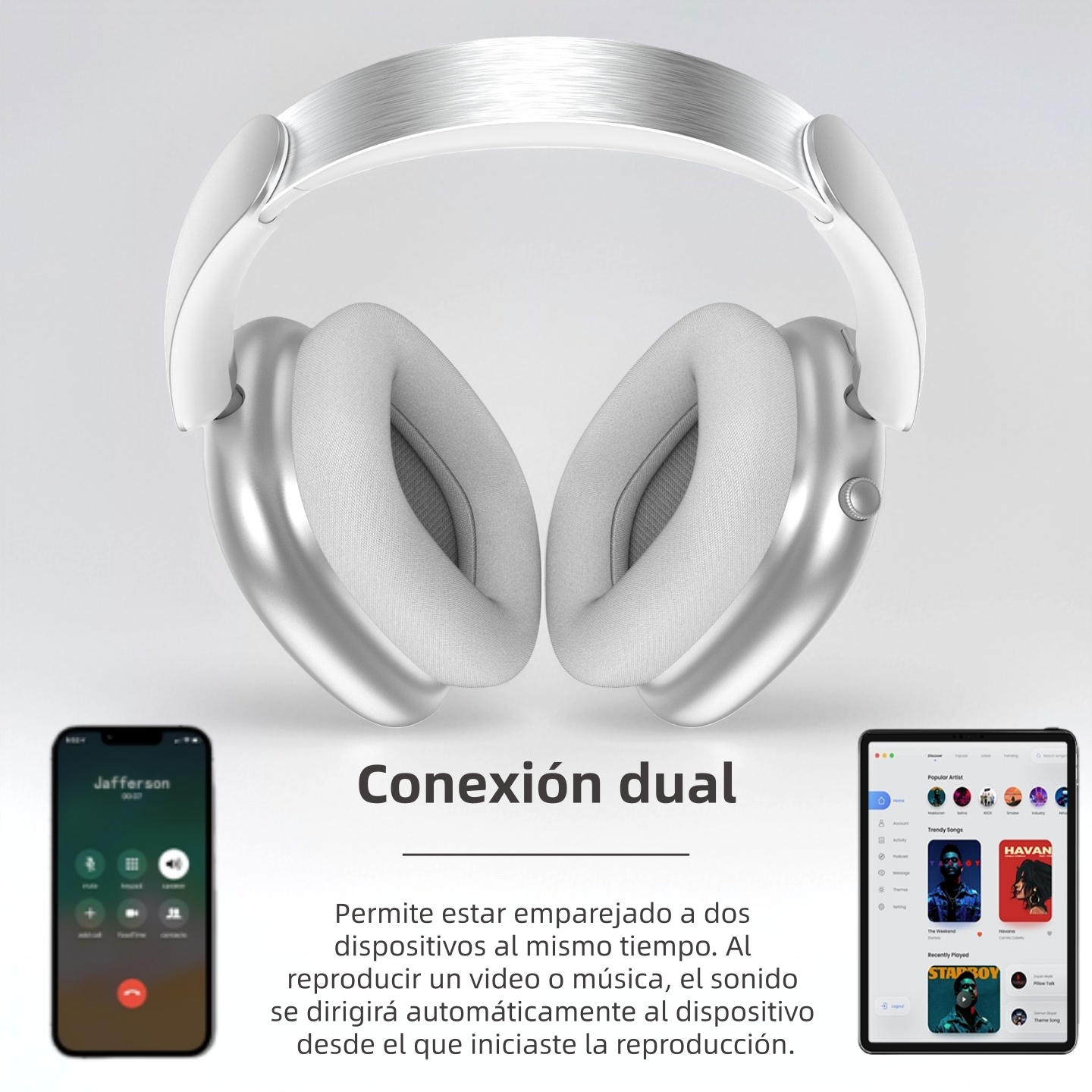 Auriculares blancos y plateados con teléfono y tableta que muestran una llamada y una aplicación de música, con el texto 'Conexión dual'.
