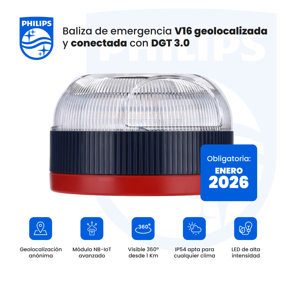 Una baliza de emergencia V16 Philips. Tiene una parte superior transparente, una parte media negra y una base roja. El texto indica obligatorio en enero de 2026.