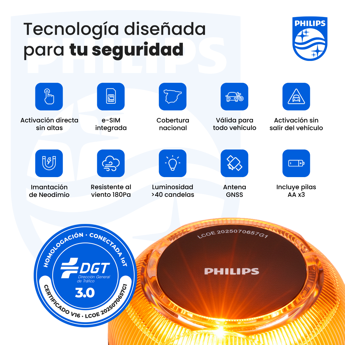 Un dispositivo de seguridad Philips naranja con iconos que detallan características como e-SIM, cobertura nacional y activación directa.