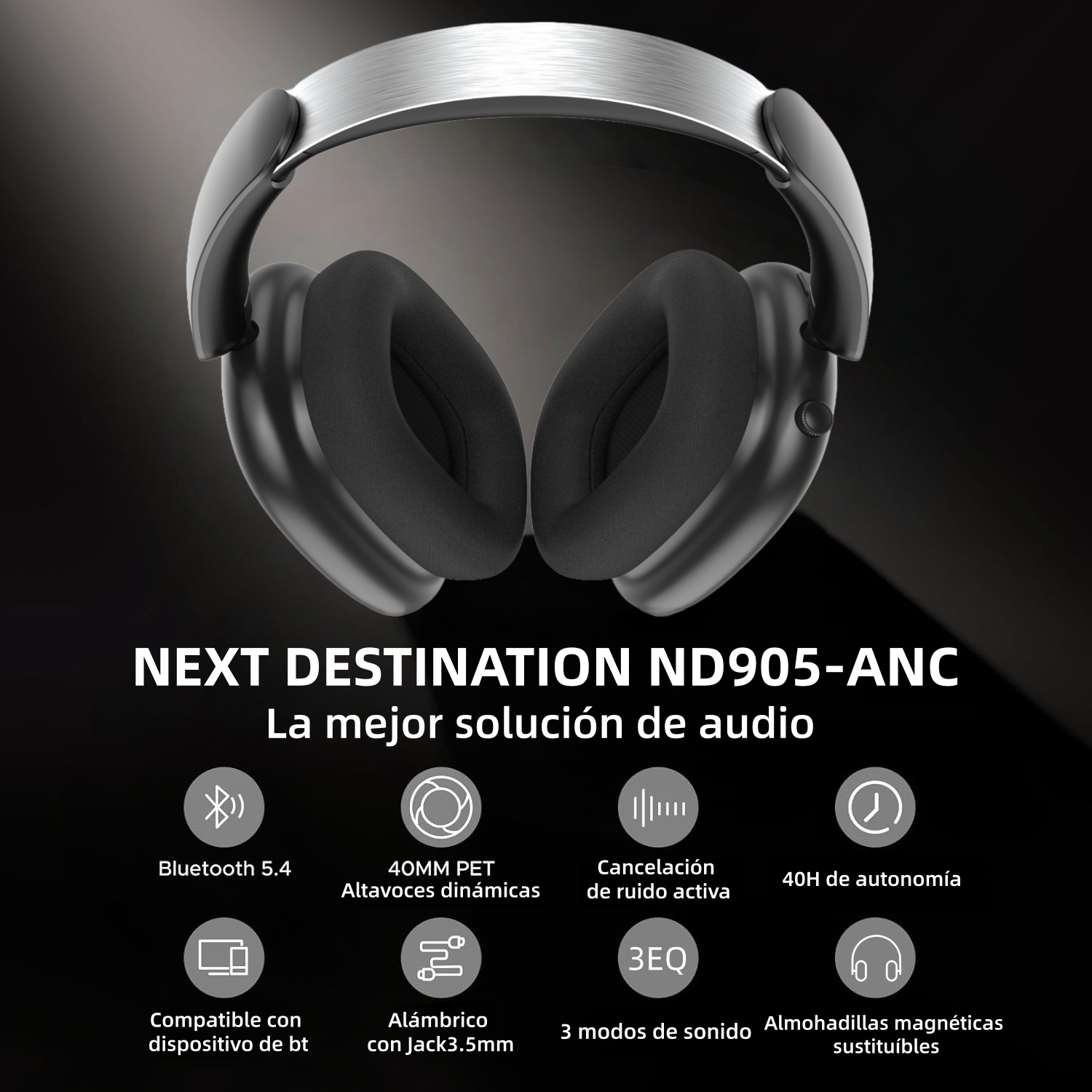Auriculares negros y plateados sobre fondo oscuro. El texto dice "NEXT DESTINATION ND905-ANC" y características como Bluetooth 5.4.